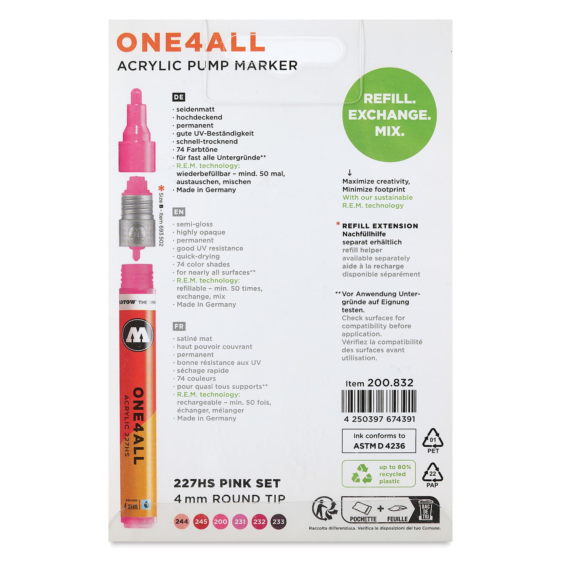Molotow One4All Acrylic Markers - Set of 6, Pink Colors, 4 mm, back of packaging