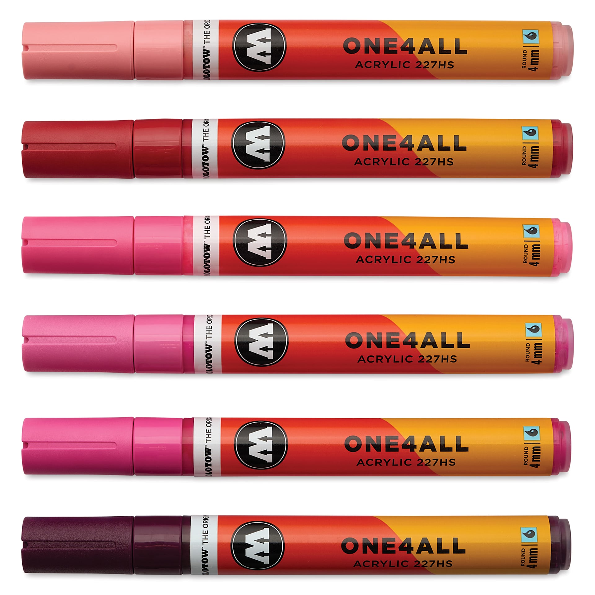 Molotow One4All Acrylic Markers - Set of 6, Pink Colors, 4 mm, caps on