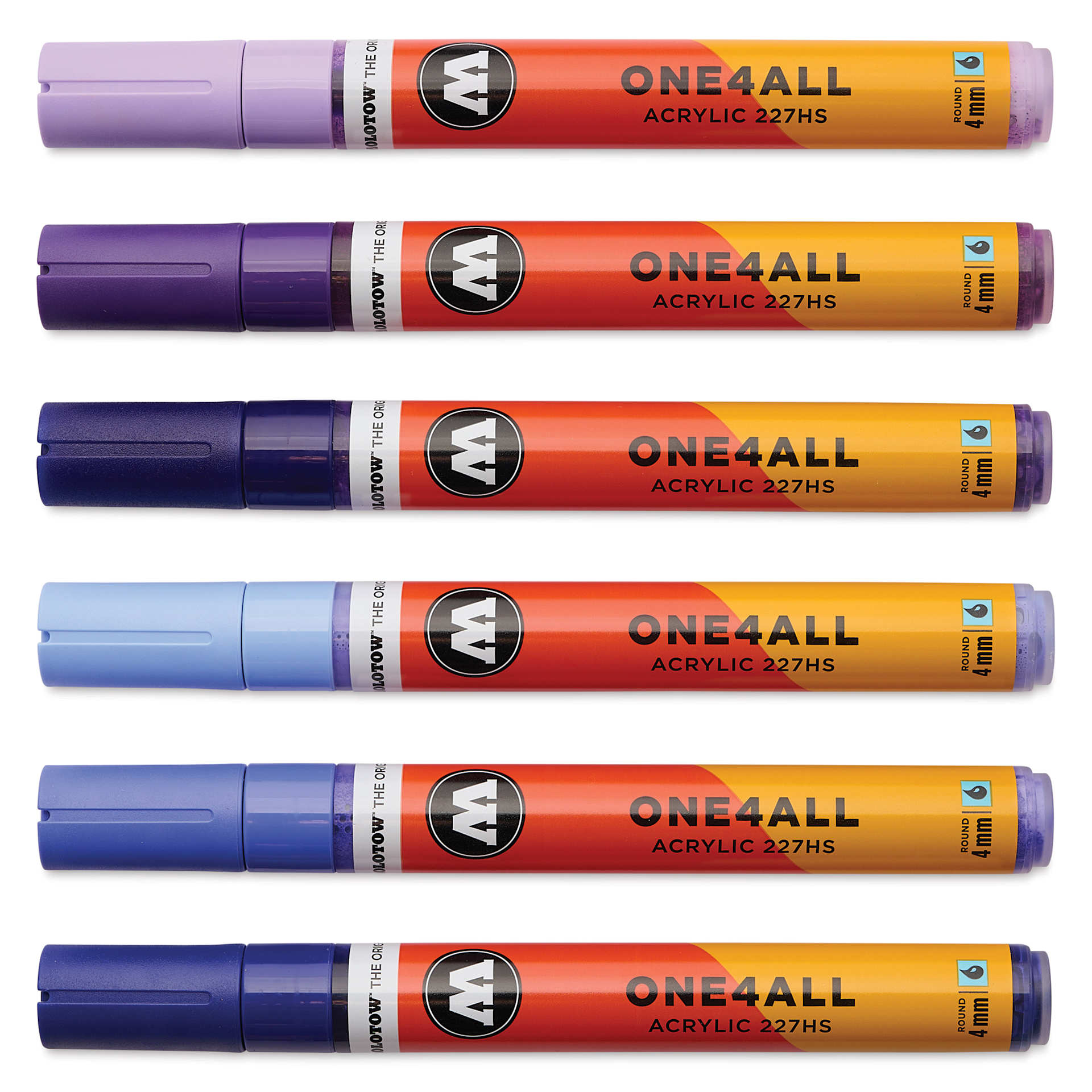 Molotow One4All Acrylic Markers - Set of 6, Violet Colors, 4 mm, caps on