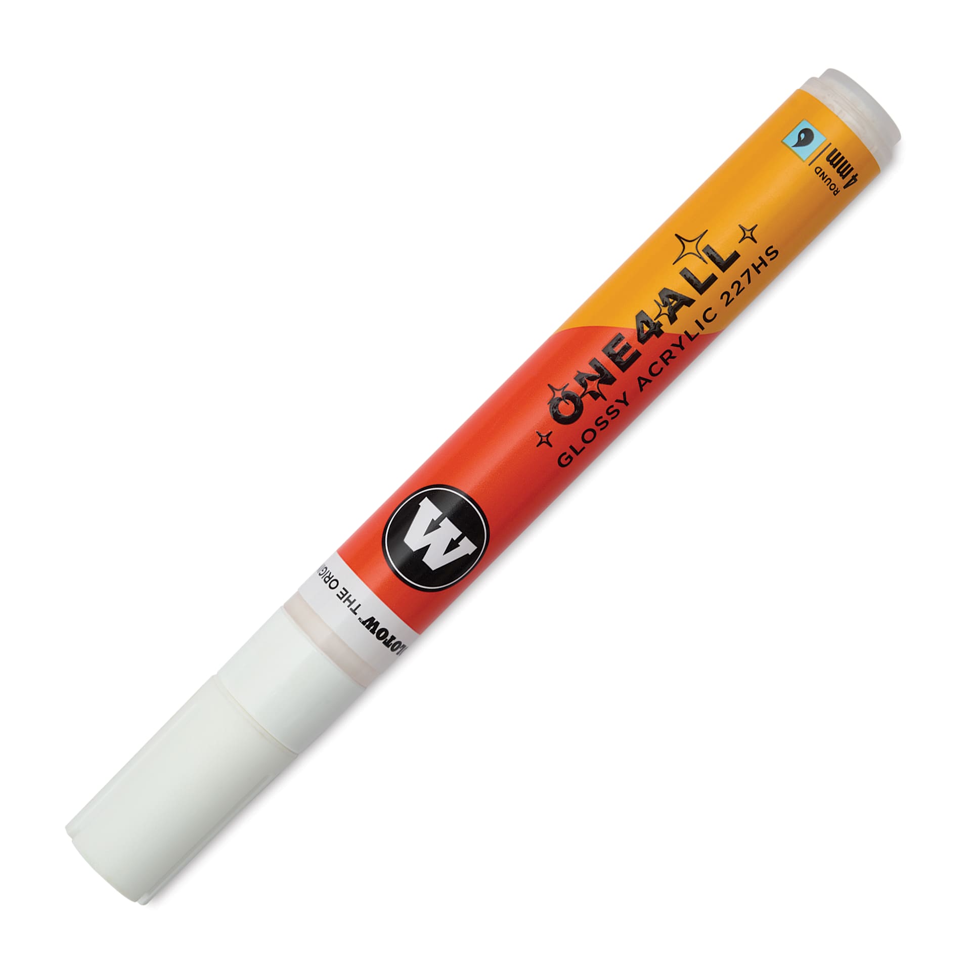 Molotow One4All Acrylic Marker - 4 mm Tip, White Glossy, Bullet Tip, cap on