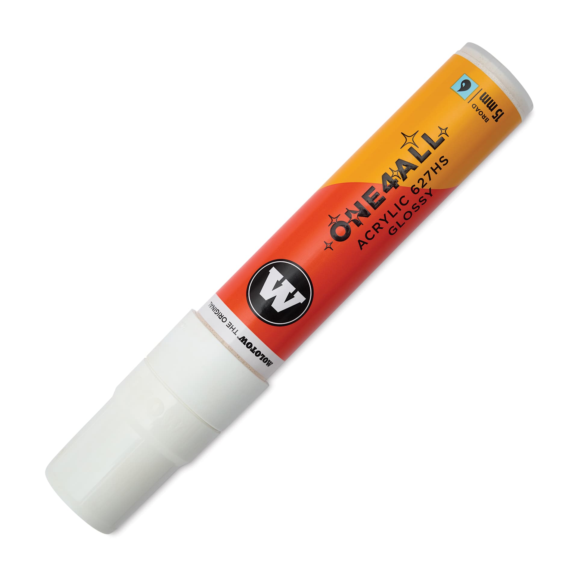 Molotow One4All Acrylic Marker - 15 mm Tip, White Glossy, Chisel Tip, cap on