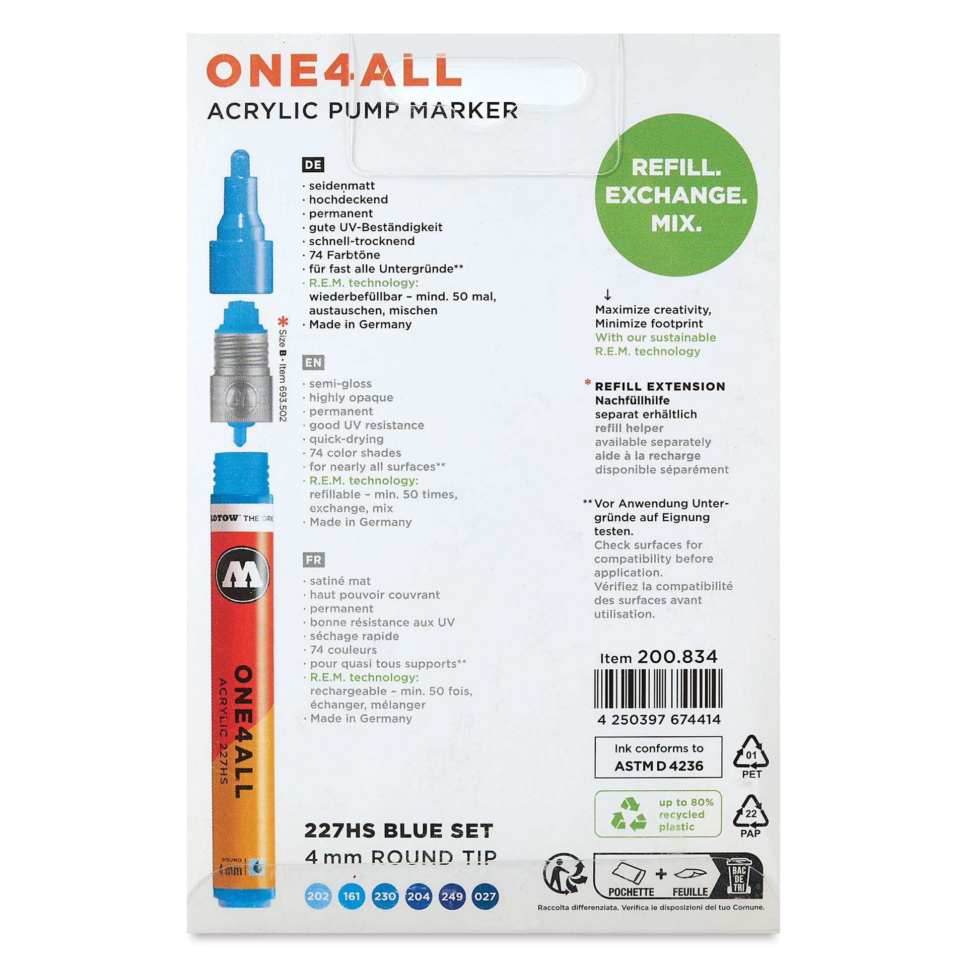 Molotow One4All Acrylic Markers - Set of 6, Blue Colors, 4 mm, back of packaging