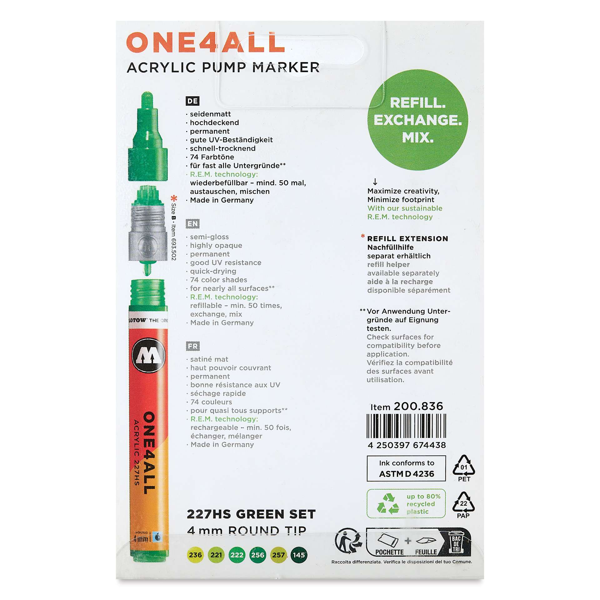 Molotow One4All Acrylic Markers - Set of 6, Green Colors, 4 mm, back of packaging