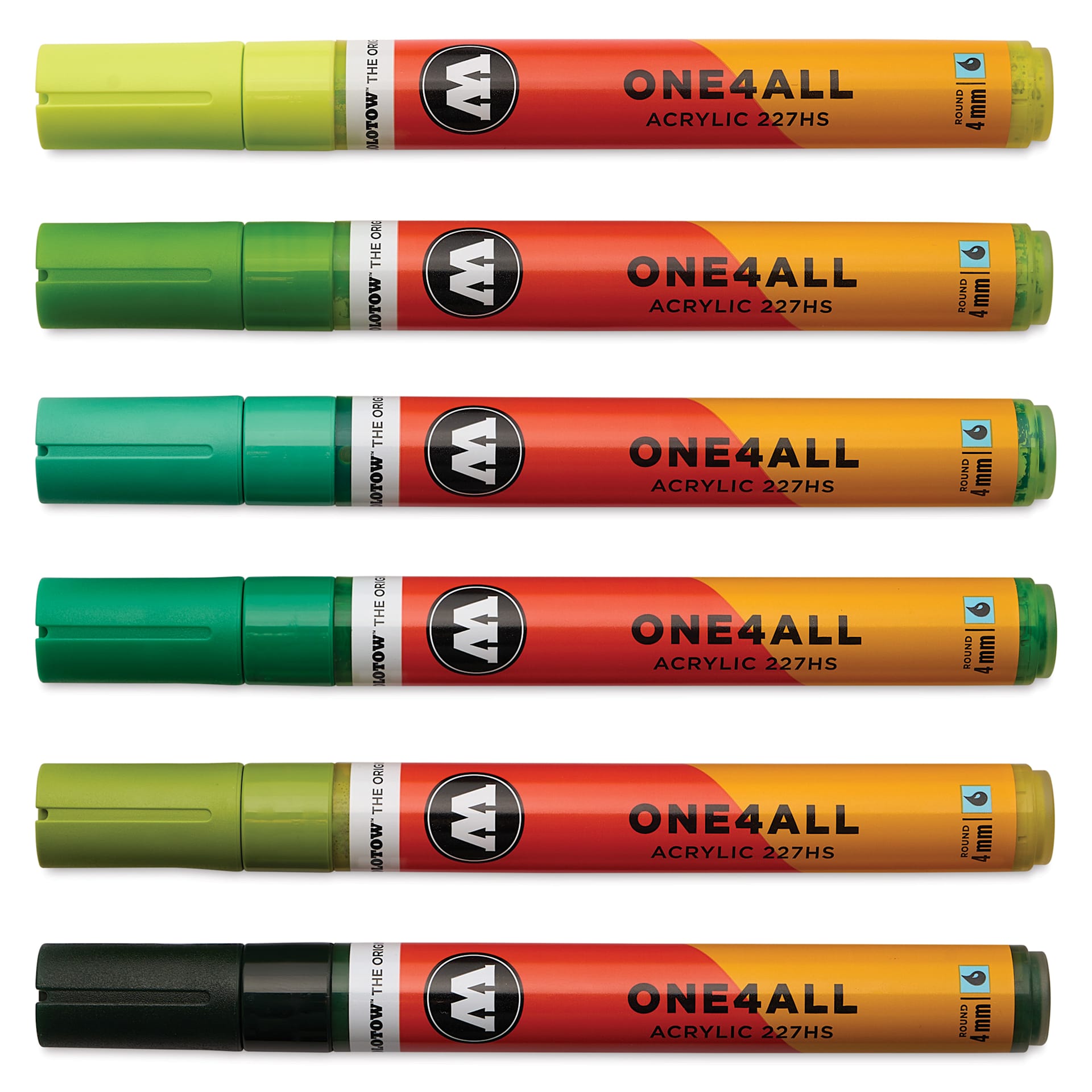 Molotow One4All Acrylic Markers - Set of 6, Green Colors, 4 mm, caps on