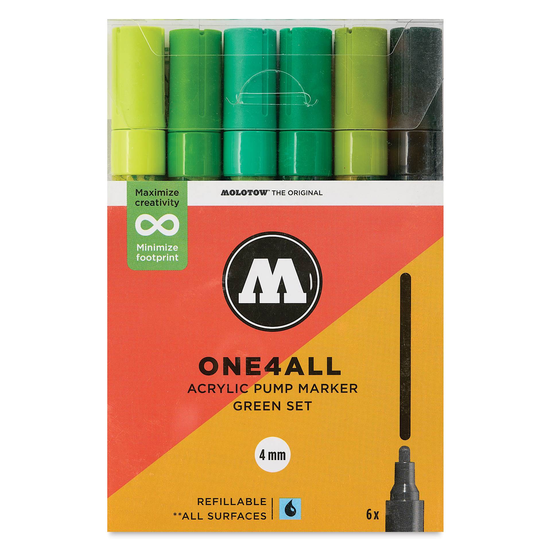 Molotow One4All Acrylic Markers - Set of 6, Green Colors, 4 mm, front of packaging