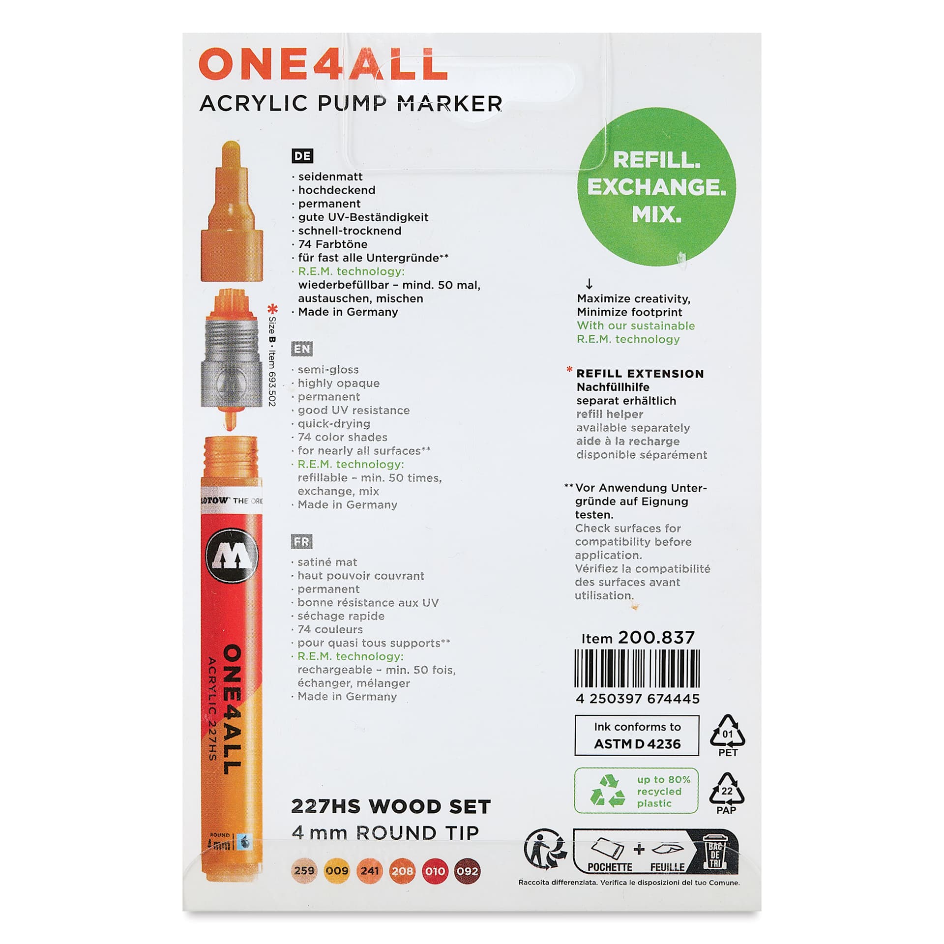 Molotow One4All Acrylic Markers - Set of 6, Wood Colors, 4 mm, back of packaging