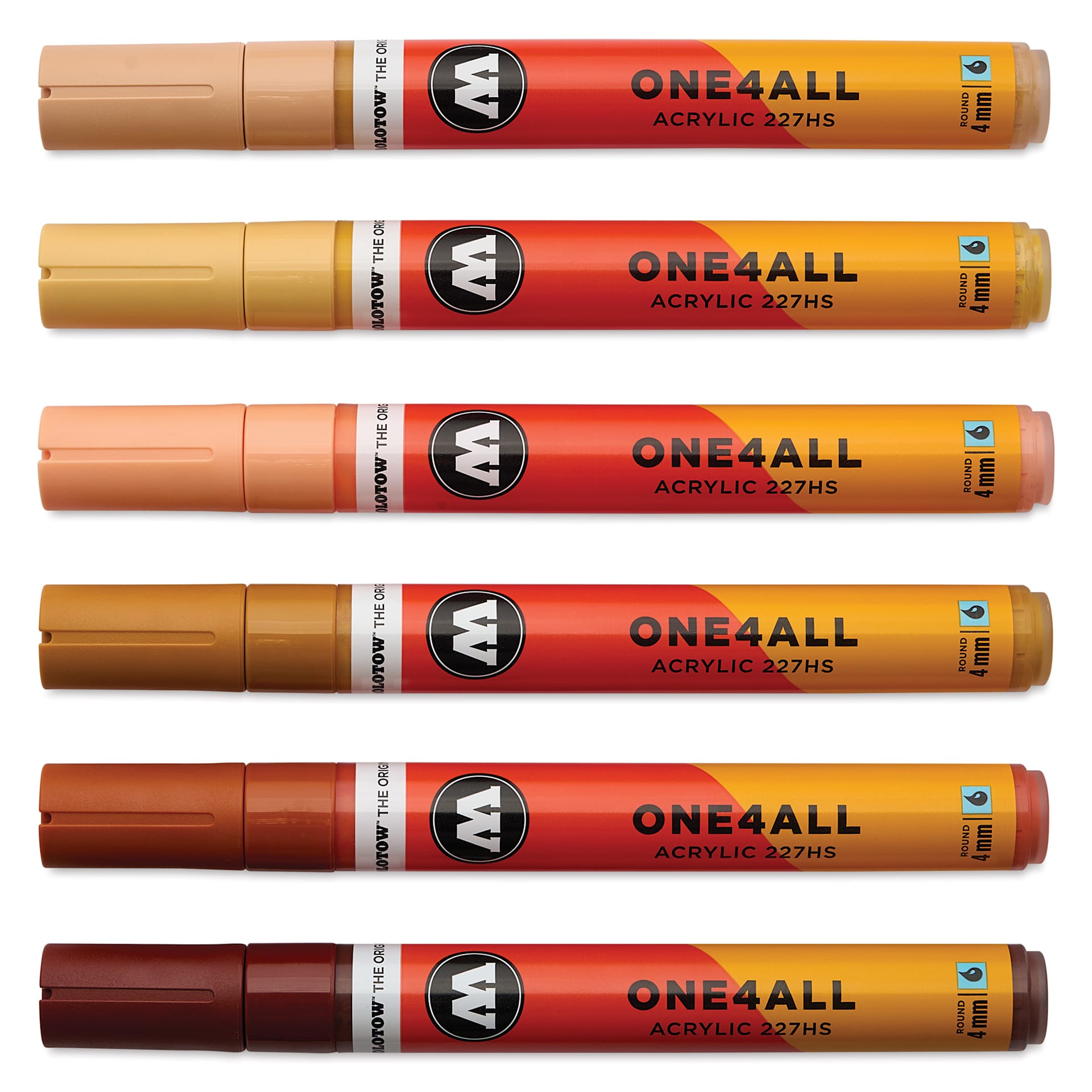 Molotow One4All Acrylic Markers - Set of 6, Wood Colors, 4 mm, caps on