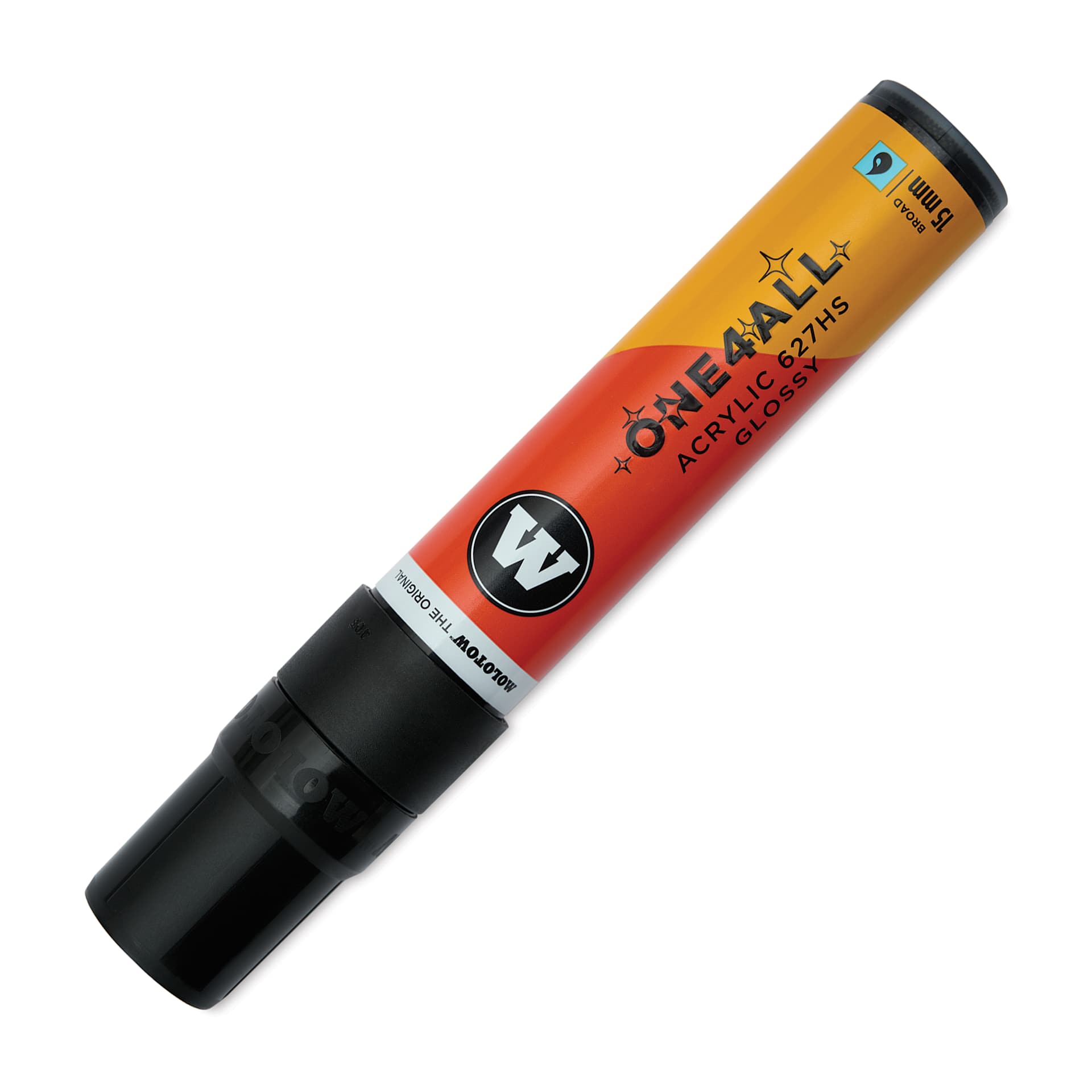 Molotow One4All Acrylic Marker - 15 mm Tip, Black Glossy, Chisel Tip, cap on