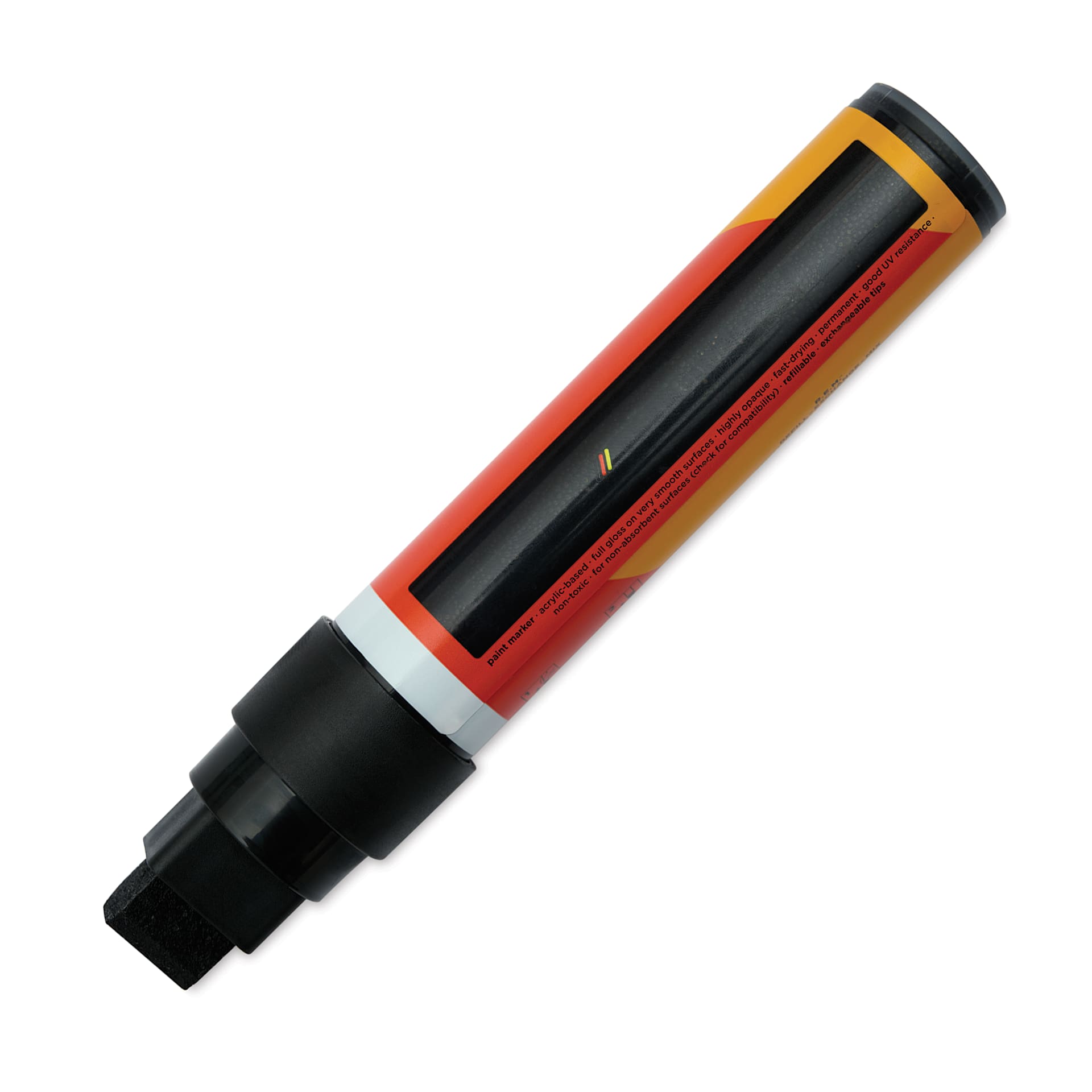 Molotow One4All Acrylic Marker - 15 mm Tip, Black Glossy, Chisel Tip, cap off showing ink