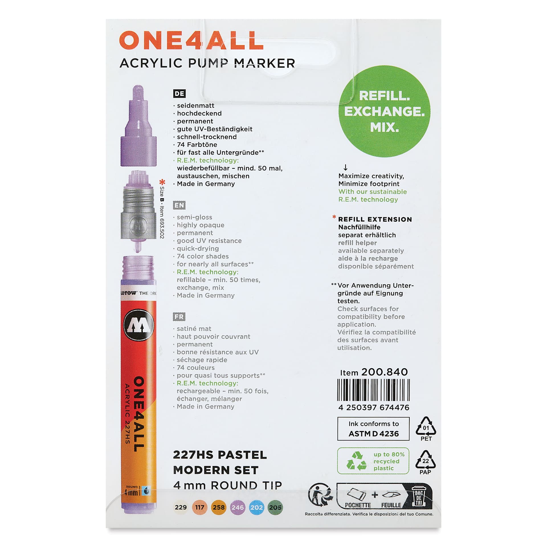 Molotow One4All Acrylic Markers - Set of 6, Pastel Modern Colors, 4 mm, back of packaging