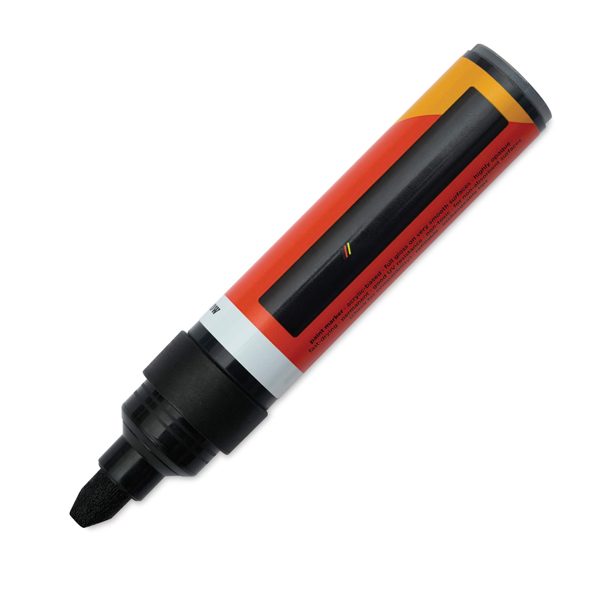 Molotow One4All Acrylic Marker - 4-8 mm Tip, Black Glossy, Chisel Tip, cap off showing ink