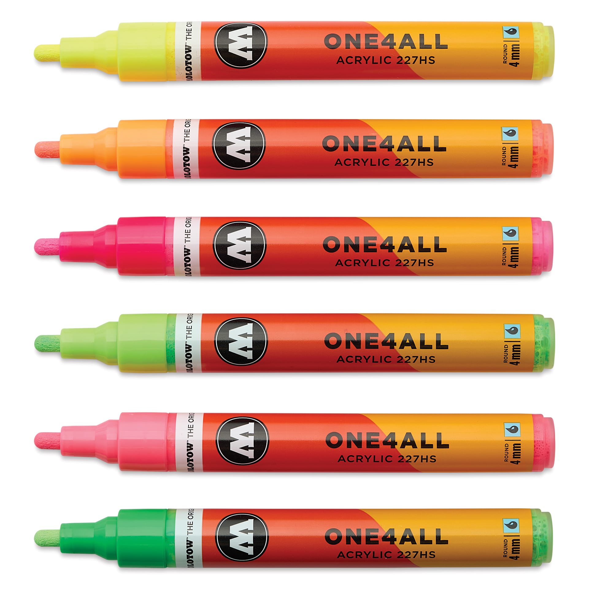 Molotow One4All Acrylic Markers - Set of 6, Neon Colors, 4 mm, caps off