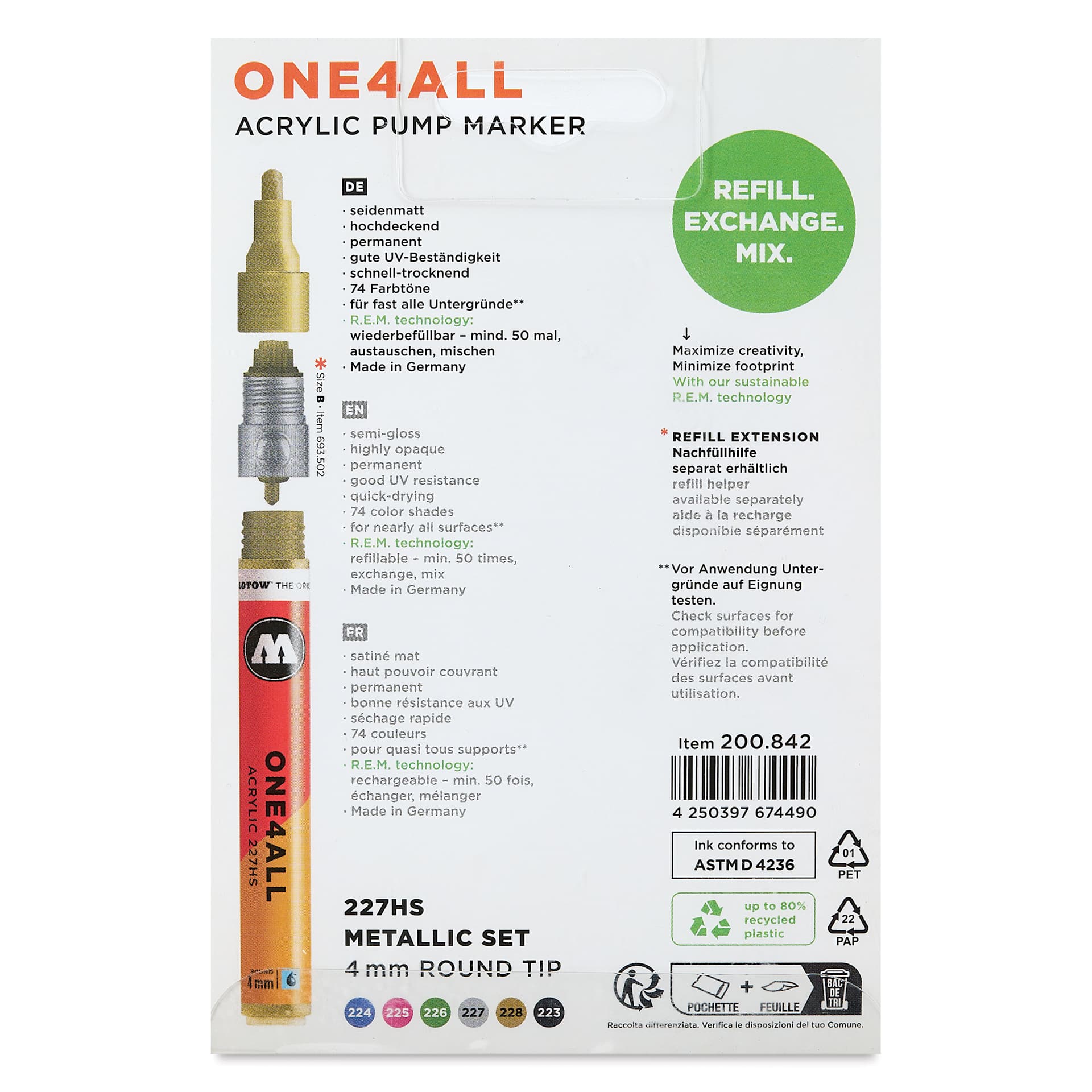 Molotow One4All Acrylic Markers - Set of 6, Metallic Colors, 4 mm, back of packaging