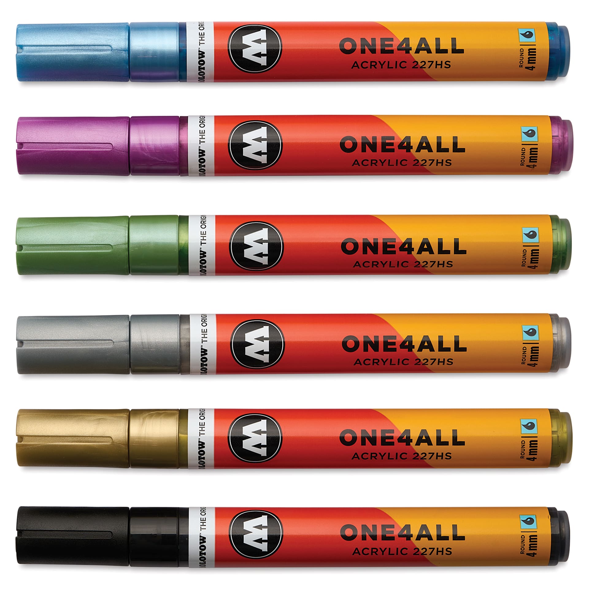 Molotow One4All Acrylic Markers - Set of 6, Metallic Colors, 4 mm, caps on