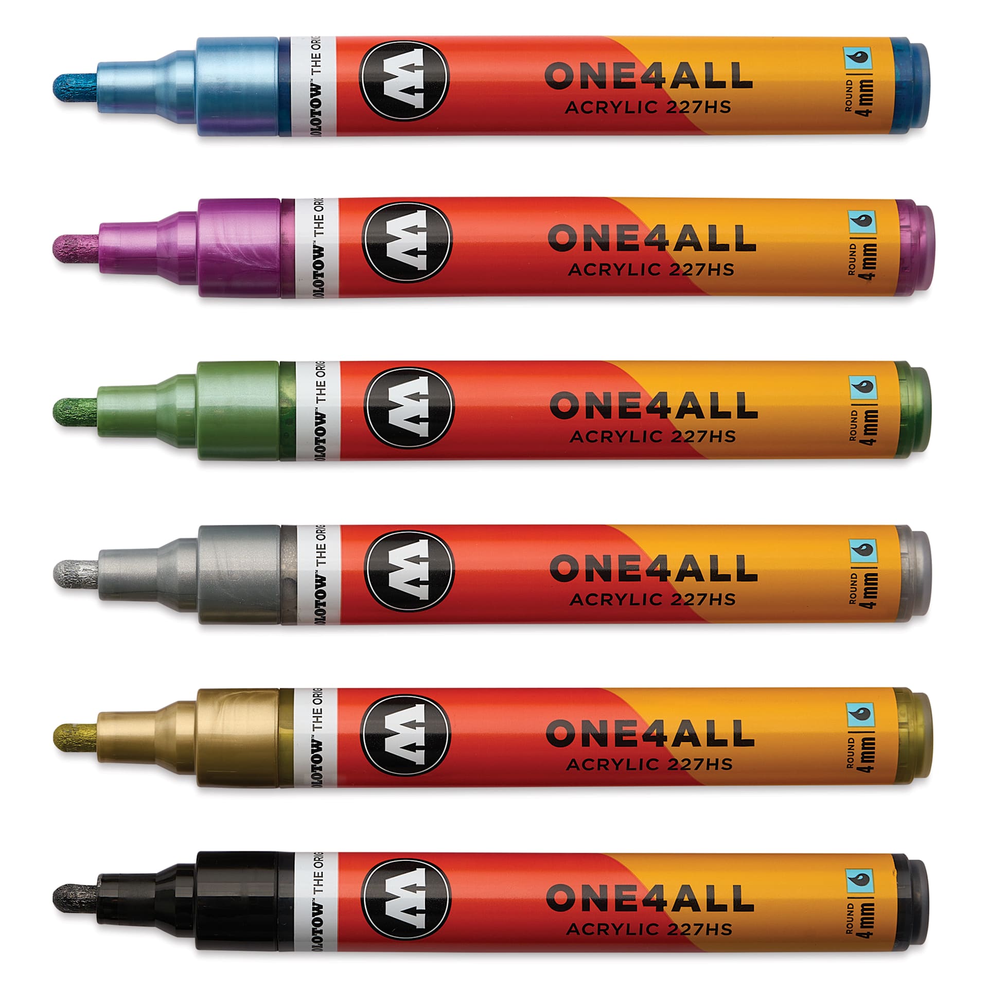 Molotow One4All Acrylic Markers - Set of 6, Metallic Colors, 4 mm, caps off
