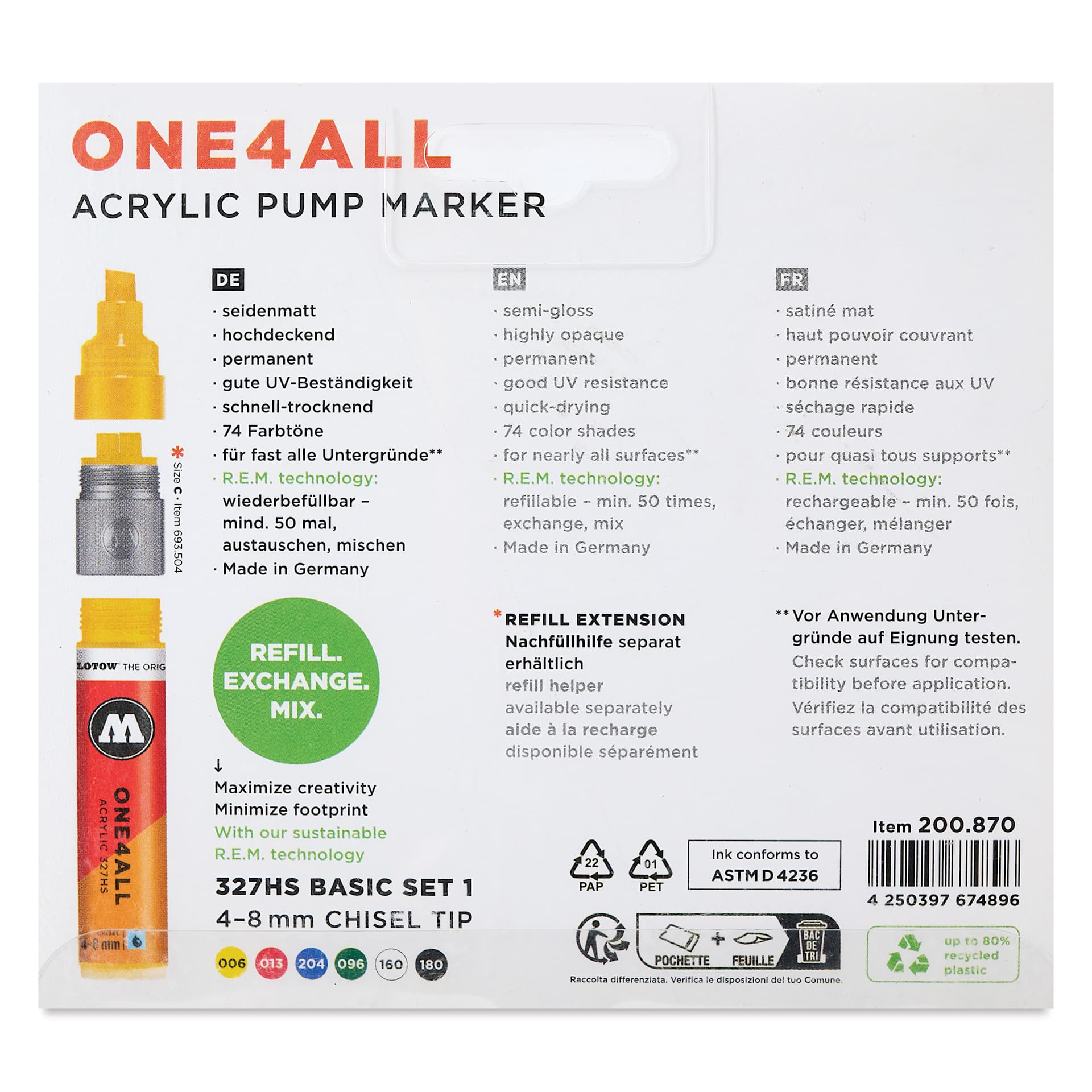 Molotow One4All Acrylic Markers - Set of 6, Basic 1 Colors, 8 mm, back of packaging