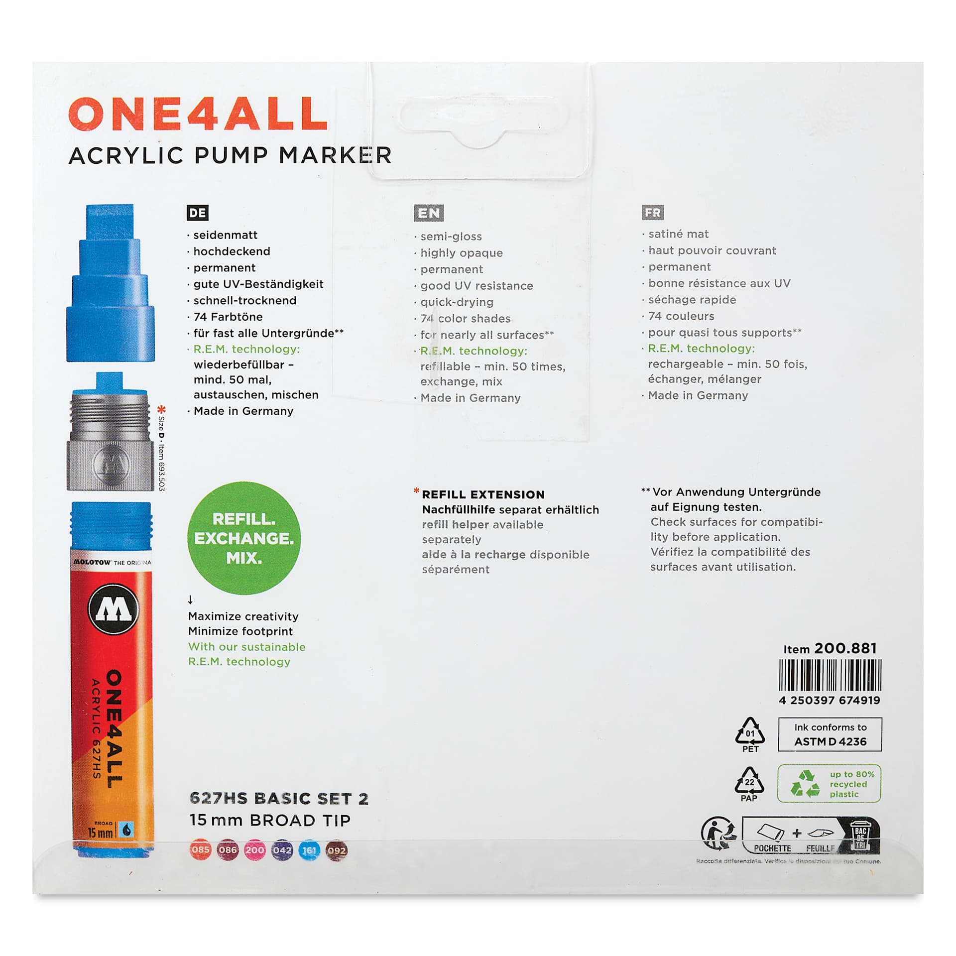 Molotow One4All Acrylic Markers - Set of 6, Basic 2 Colors, 15 mm, back of packaging