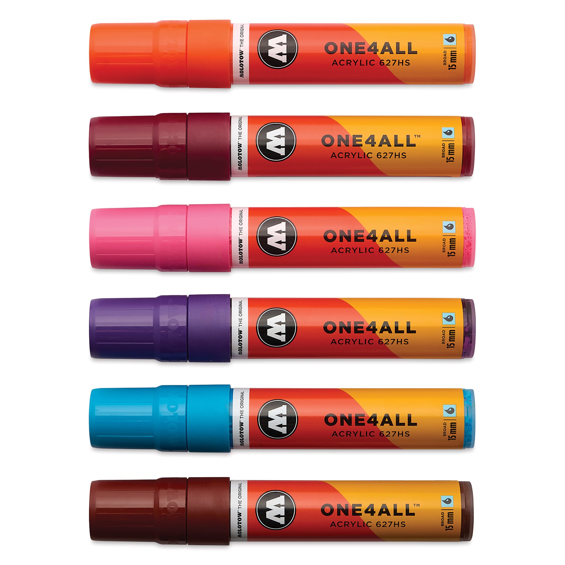 Molotow One4All Acrylic Markers - Set of 6, Basic 2 Colors, 15 mm, caps on