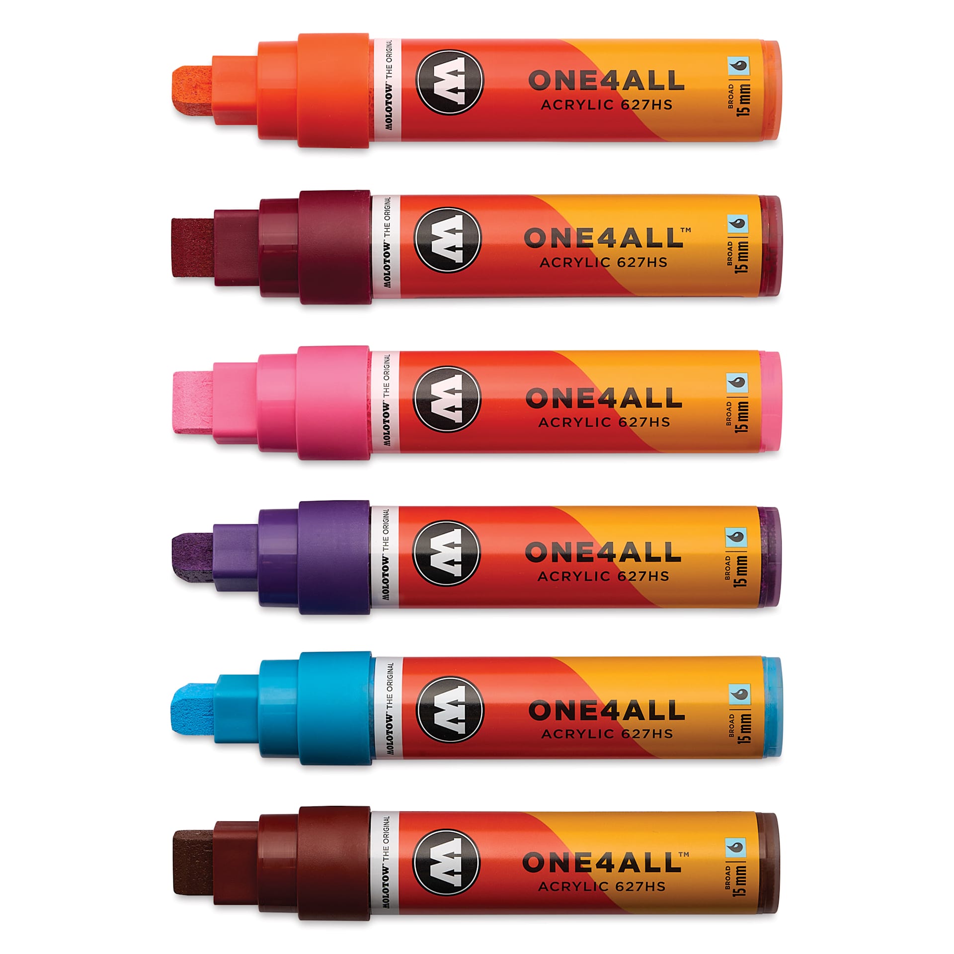 Molotow One4All Acrylic Markers - Set of 6, Basic 2 Colors, 15 mm, caps off