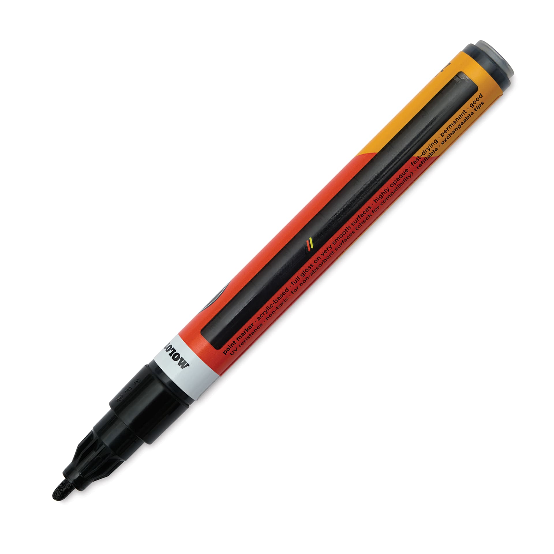 Molotow One4All Acrylic Marker - 2 mm Tip, Black Glossy, Bullet Tip, cap off showing ink