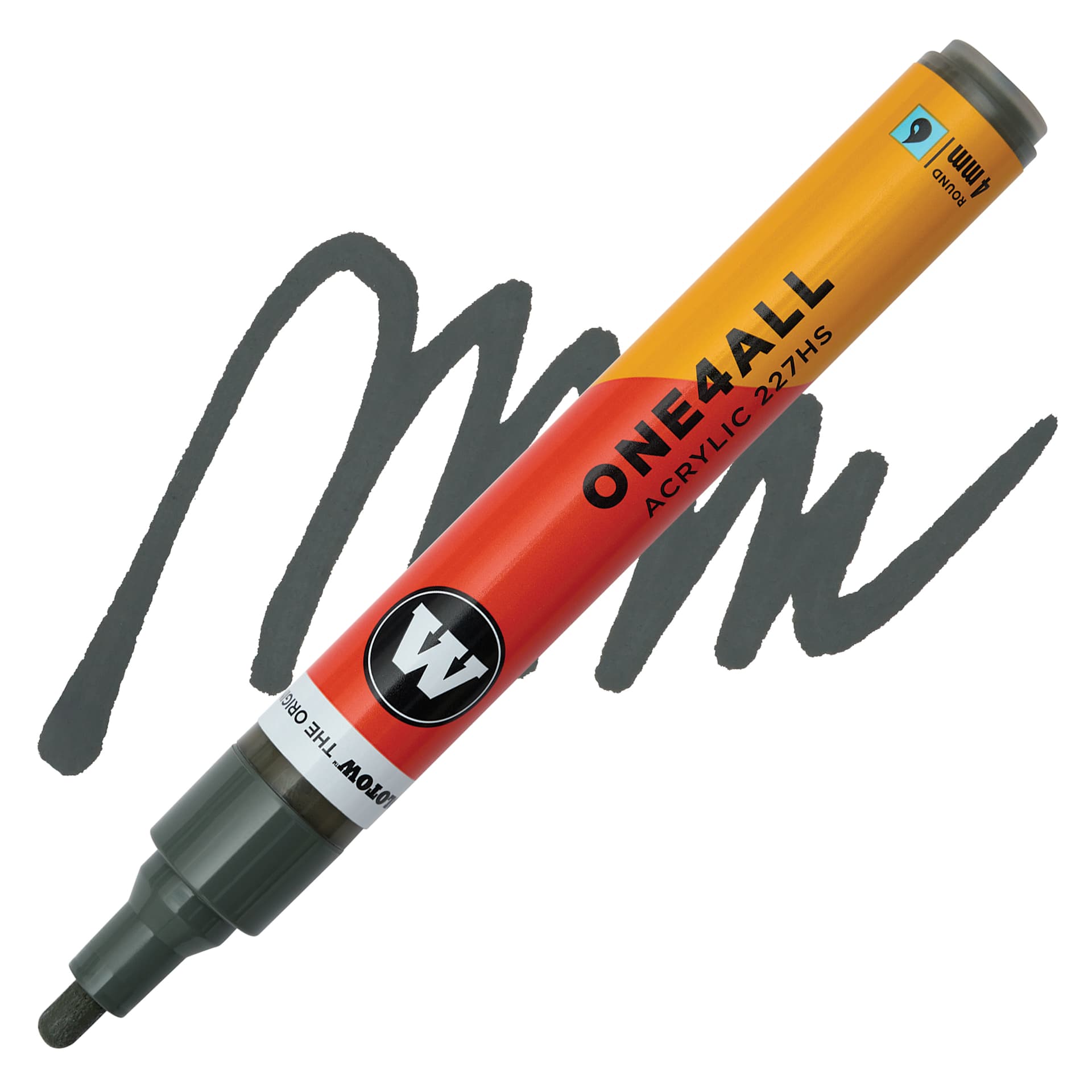 Molotow One4All Acrylic Marker - 4 mm Tip, Stone Grey Dark, Bullet Tip, swatch and marker