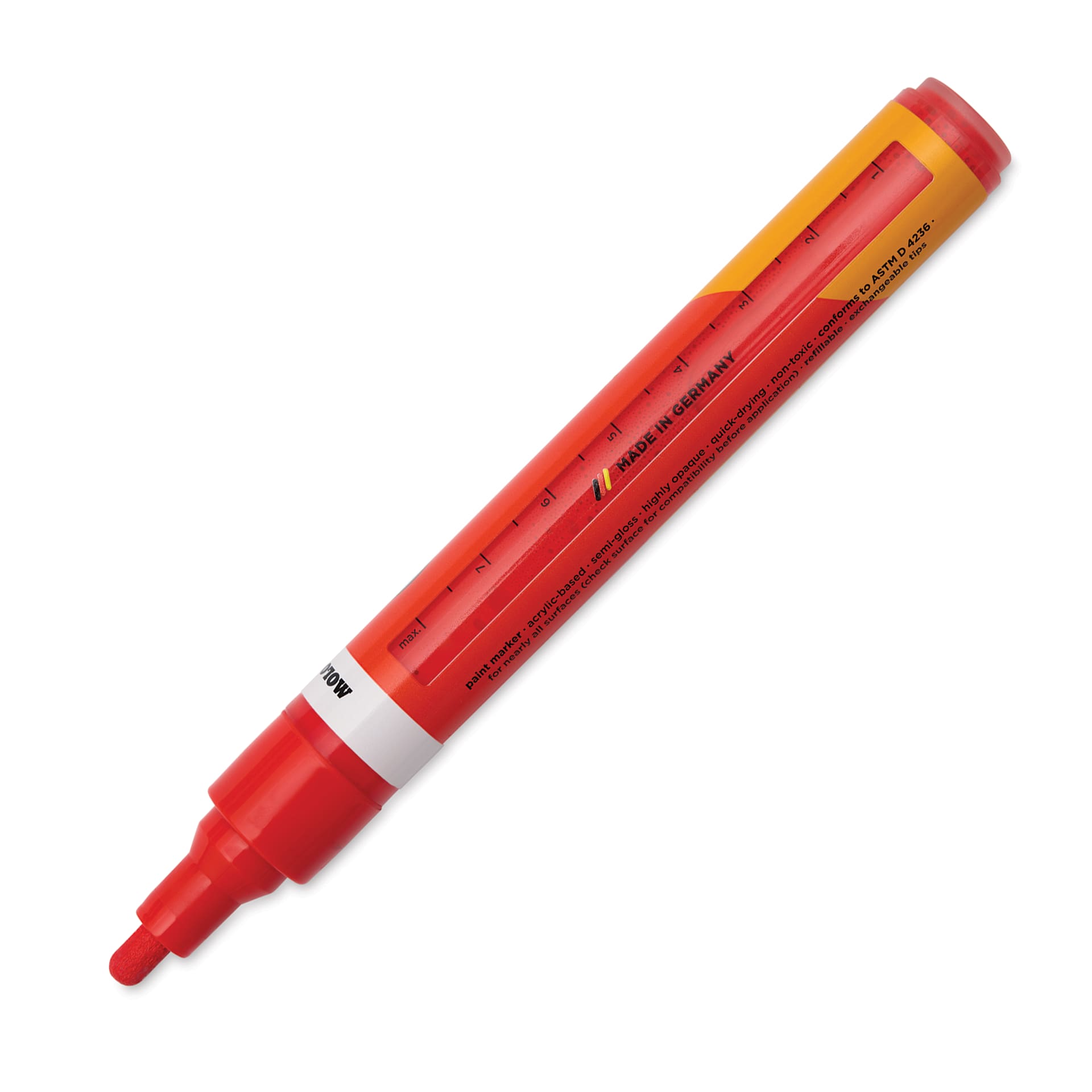 Molotow One4All Acrylic Marker - 4 mm Tip, Cherry Red, Bullet Tip, cap off showing ink