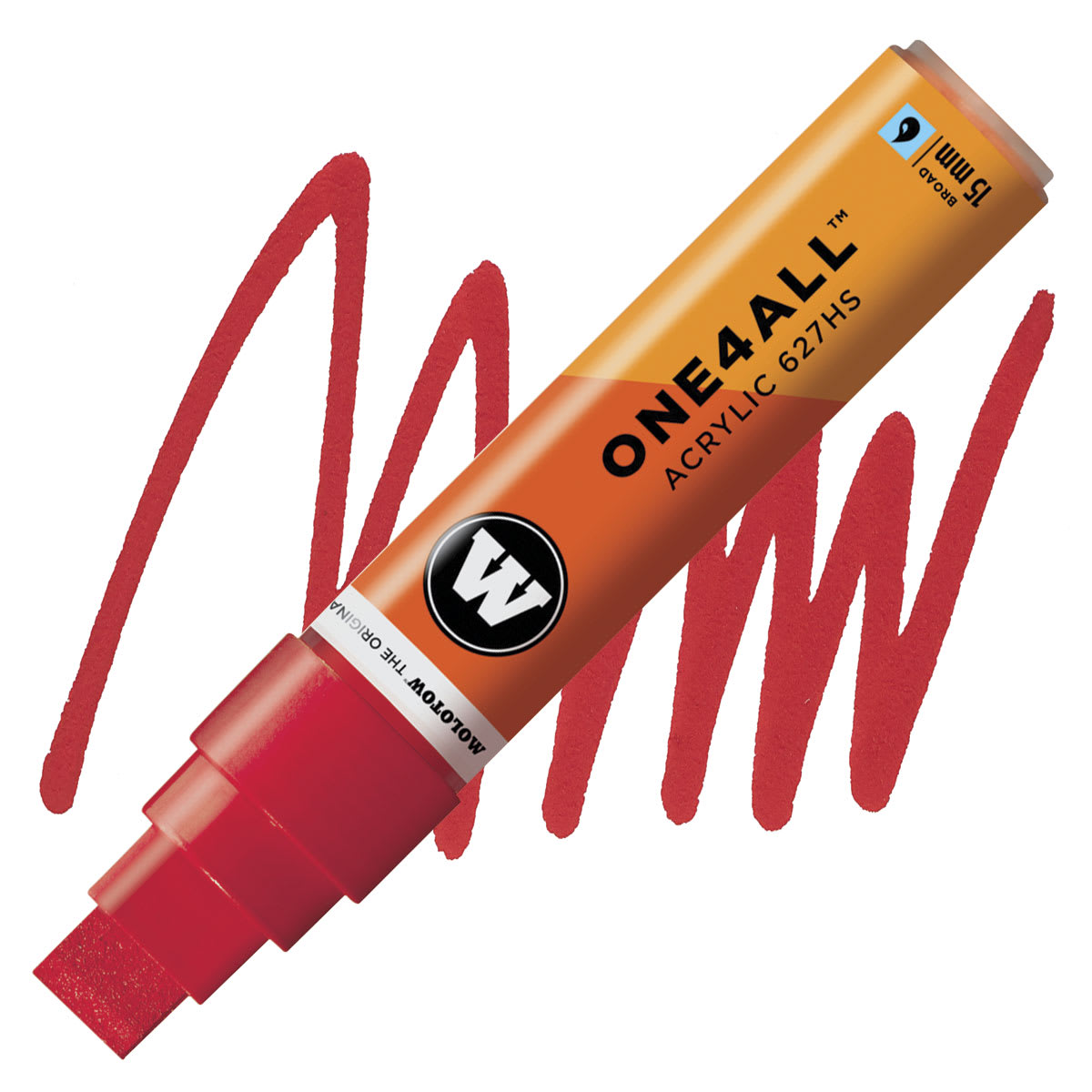 Molotow One4All Acrylic Marker - 15 mm Tip, Traffic Red, Square Tip marker and swatch