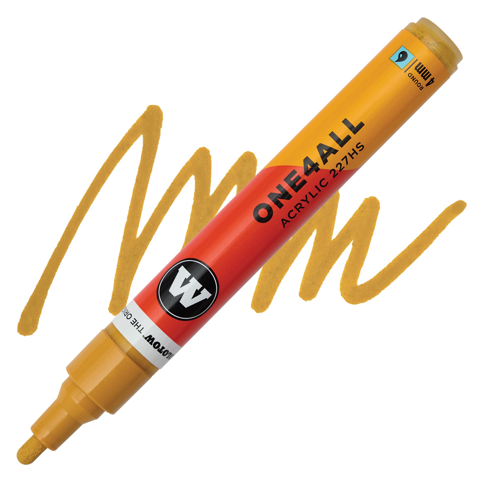 Molotow One4All Acrylic Marker - 4 mm Tip, Mustard Yellow, Bullet Tip, swatch and marker