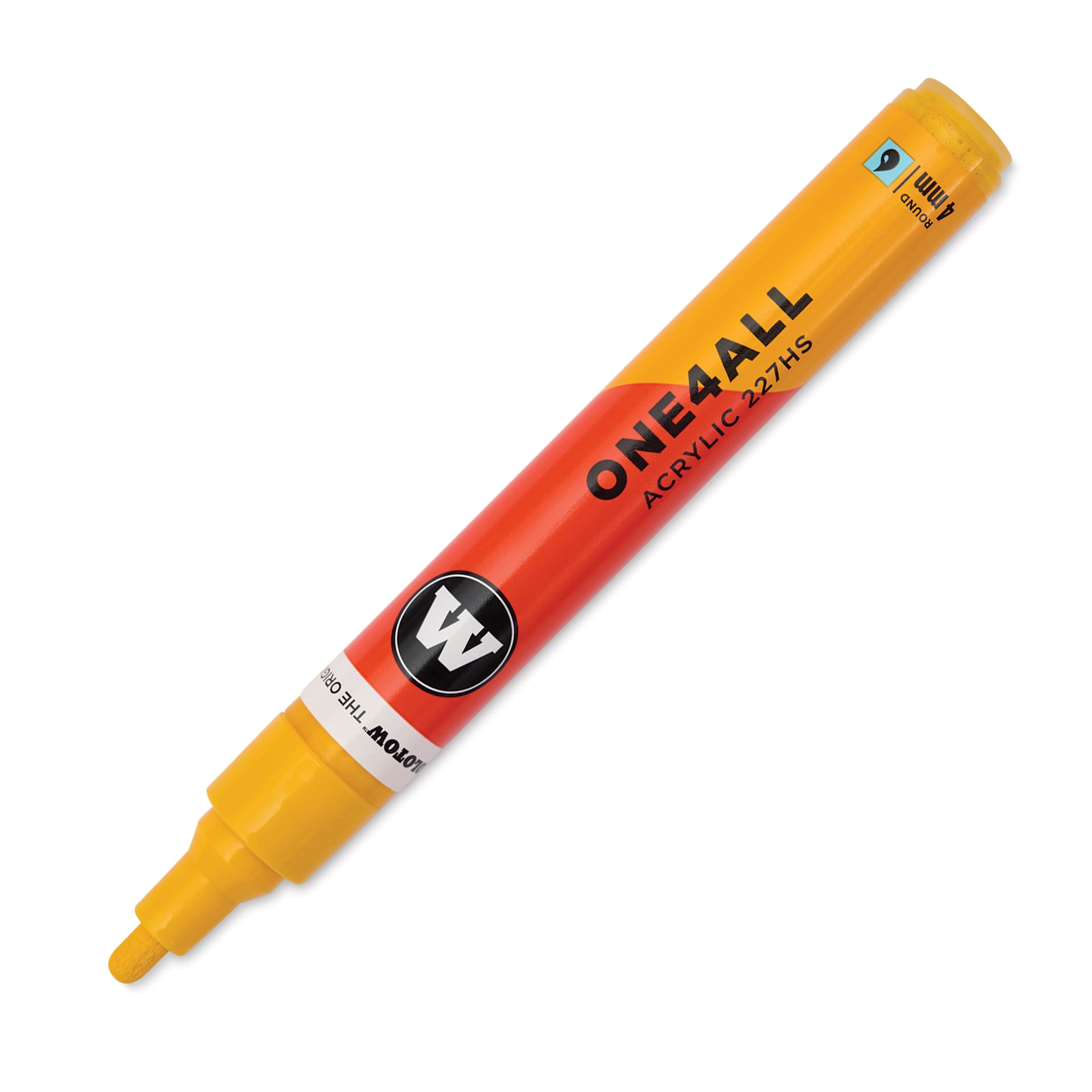 Molotow One4All Acrylic Marker - 4 mm Tip, Signal Yellow, Bullet Tip, cap off