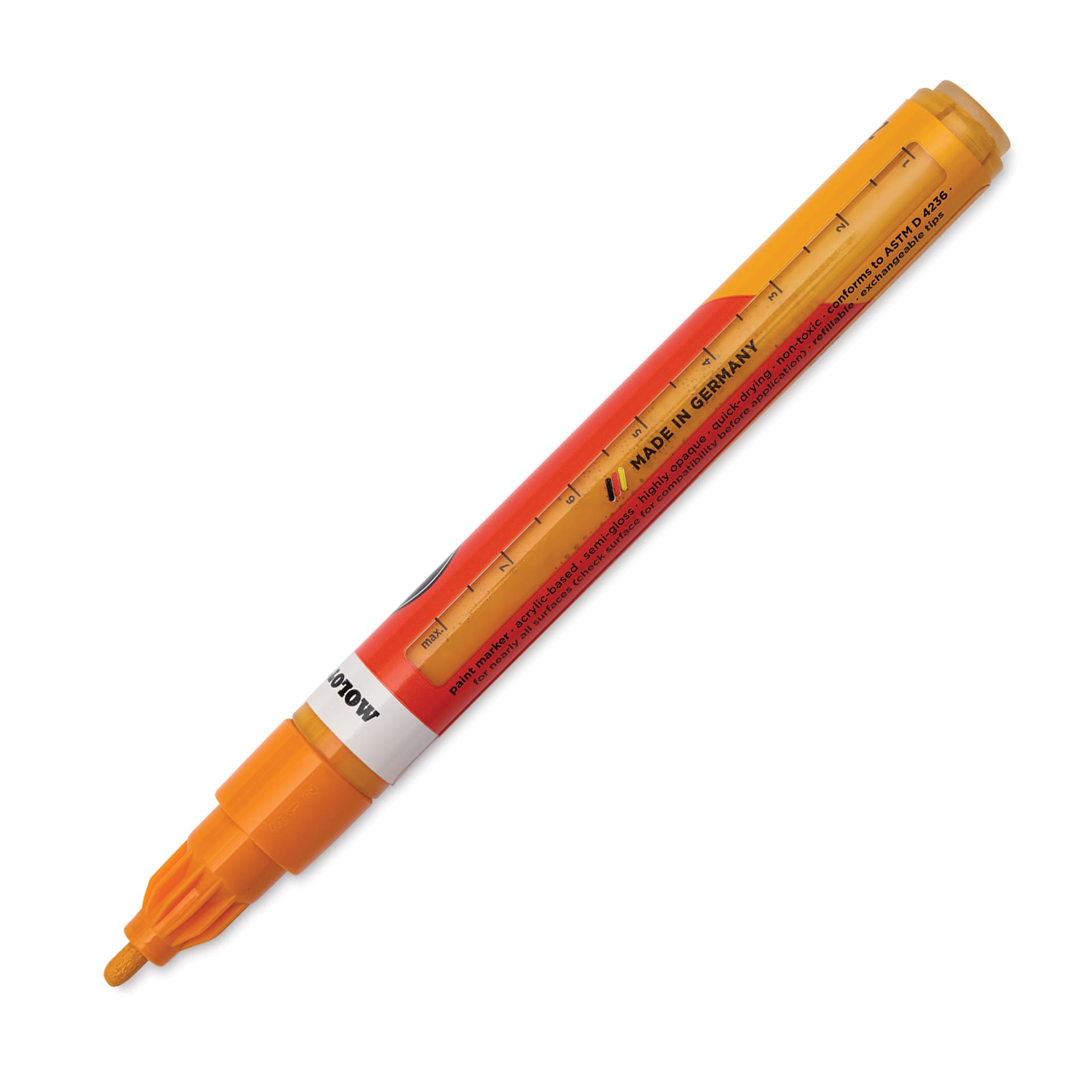 Molotow One4All Acrylic Marker - 2 mm Tip, Light Orange, Bullet Tip, cap off showing ink