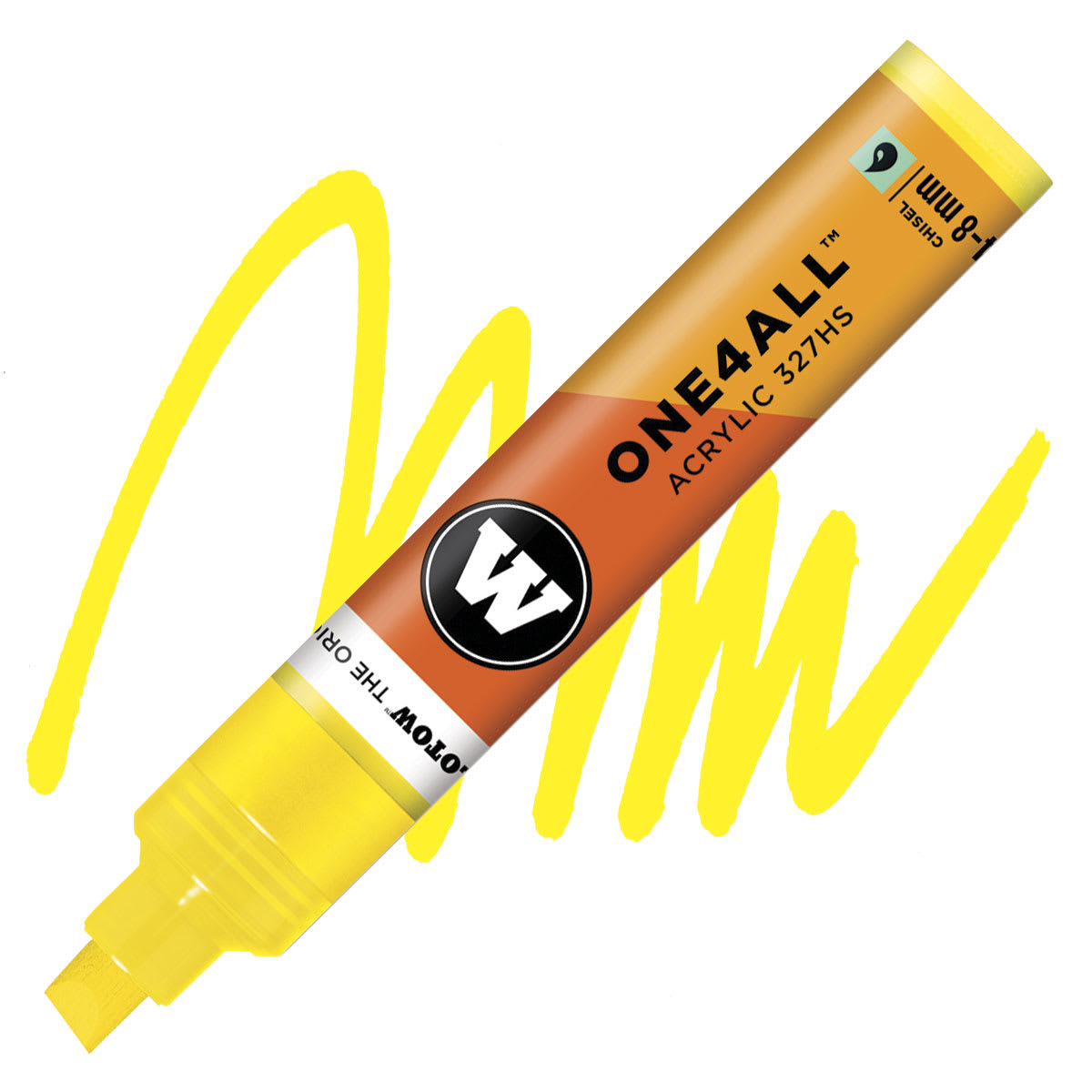 Molotow One4All Acrylic Marker - 4–8 mm Tip , Zinc Yellow, Chisel Tip marker and swatch