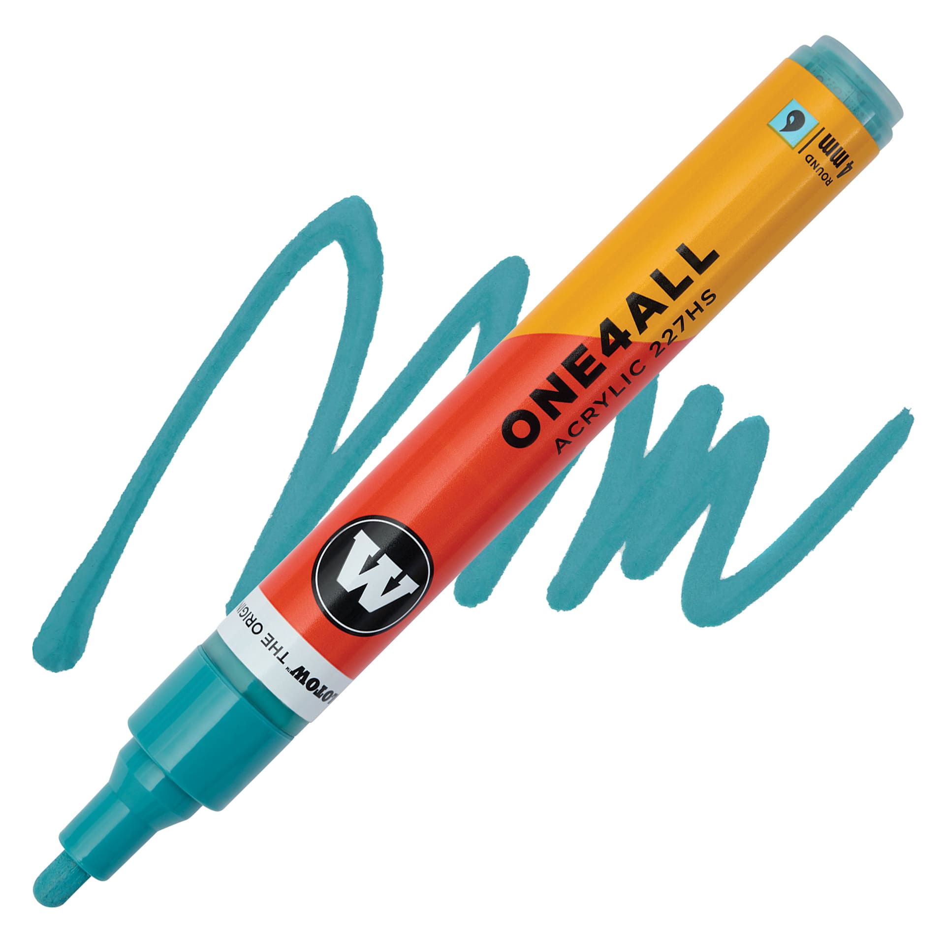 Molotow One4All Acrylic Marker - 4 mm Tip, Olympia Blue, Bullet Tip, swatch and marker