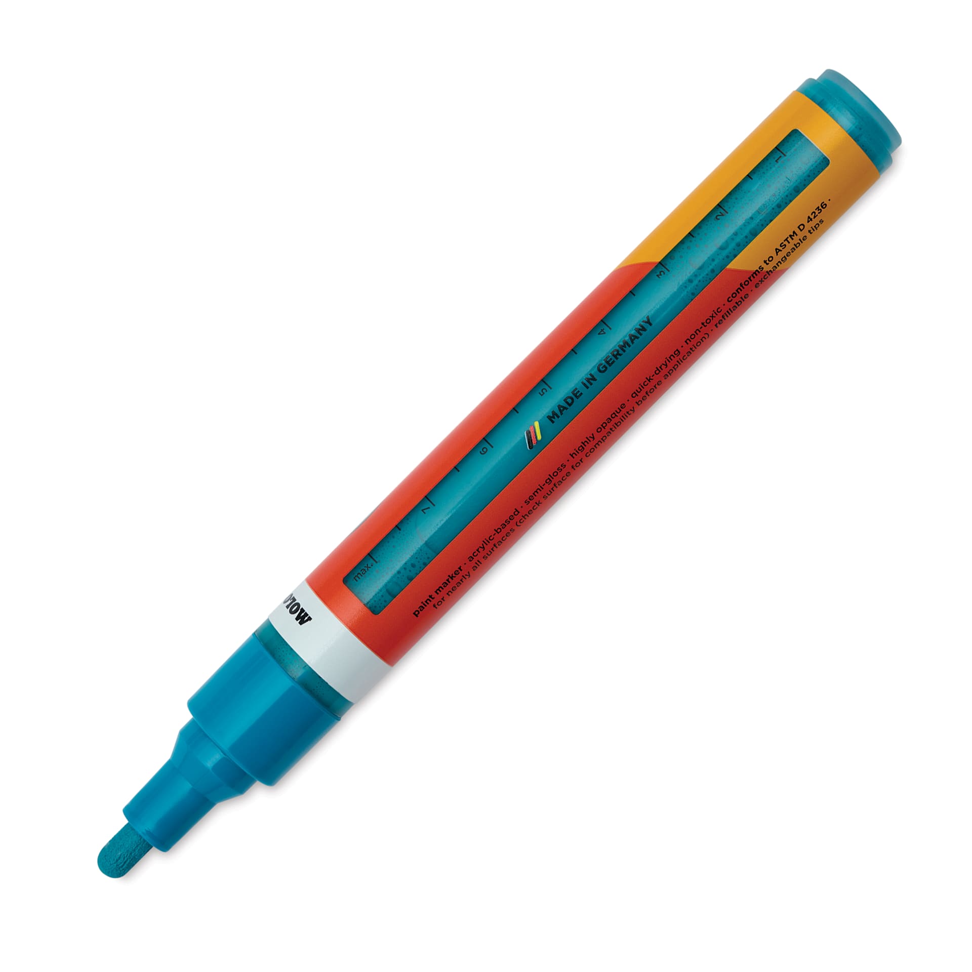 Molotow One4All Acrylic Marker - 4 mm Tip, Aqua, Bullet Tip, cap off showing ink