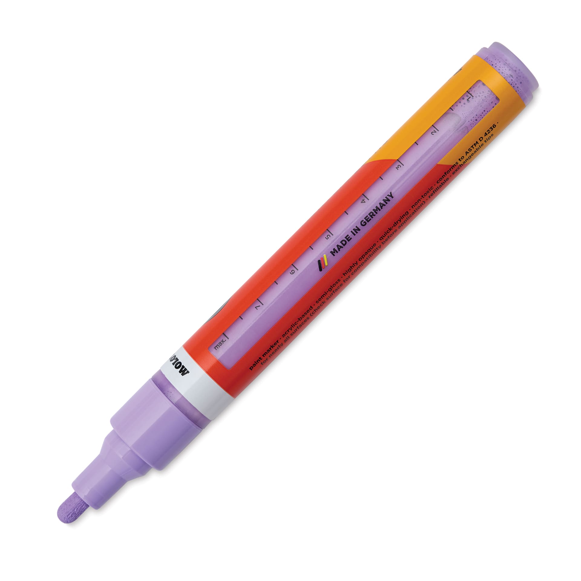Molotow One4All Acrylic Marker - 4 mm Tip, Lavender, Bullet Tip, cap off showing ink