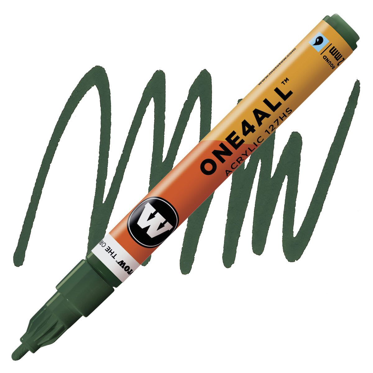 Molotow One4All Acrylic Marker - 2 mm Tip, Future Green, Bullet Tip marker and swatch