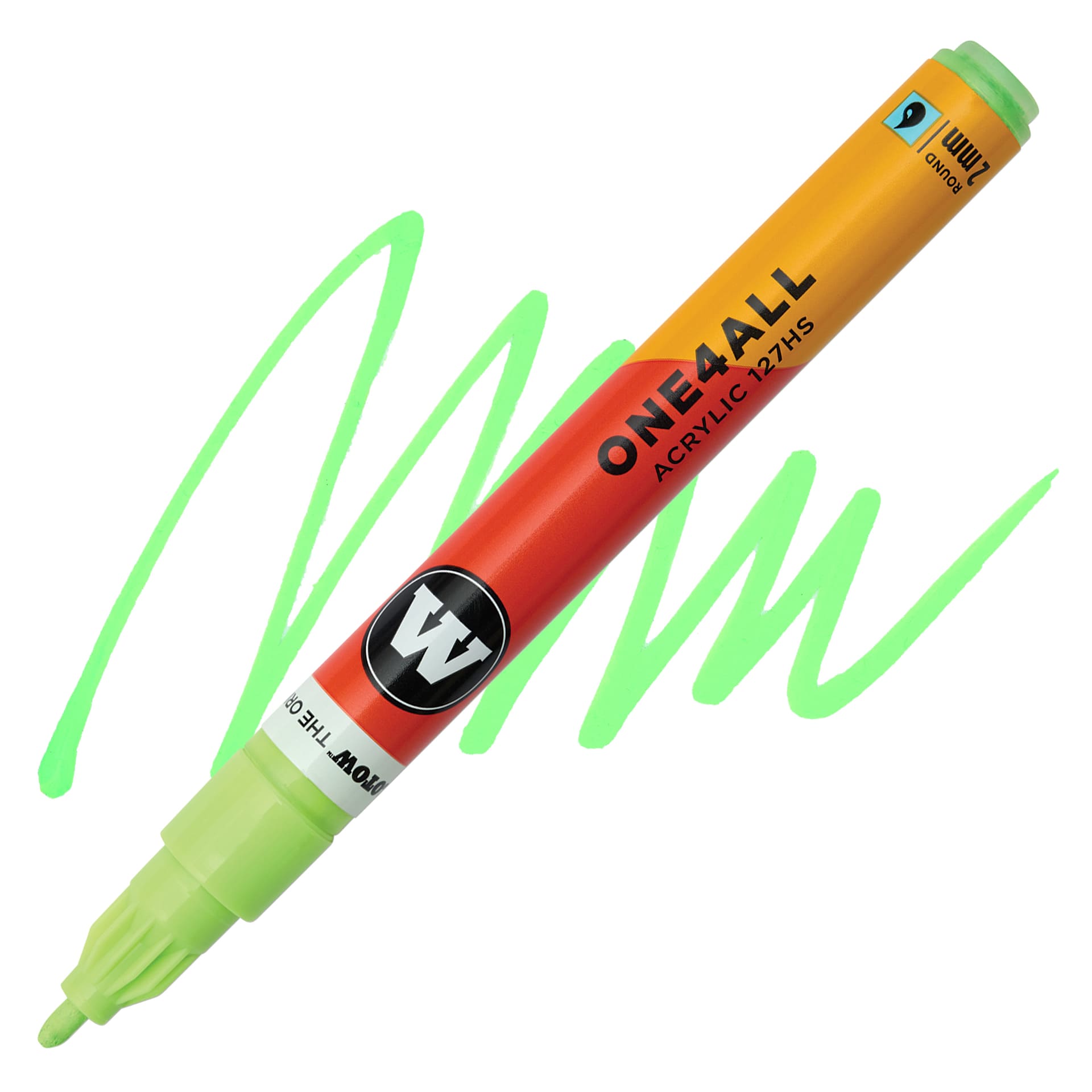 Molotow One4All Acrylic Marker - 2 mm Tip, Neon Green Light Fluorescent, Bullet Tip, swatch and marker