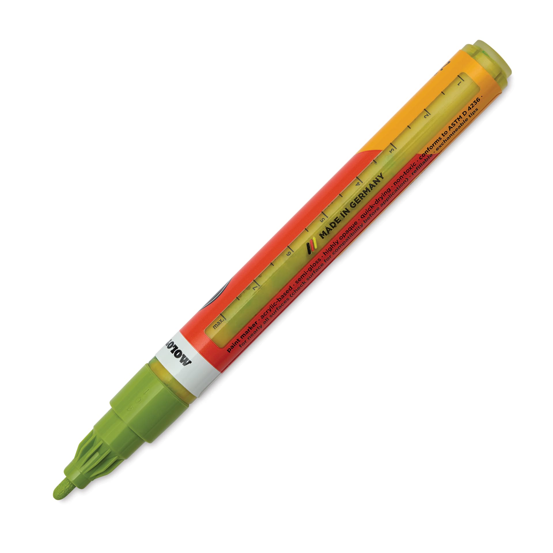 Molotow One4All Acrylic Marker - 2 mm Tip, Nature Green Light, Bullet Tip, cap off showing ink