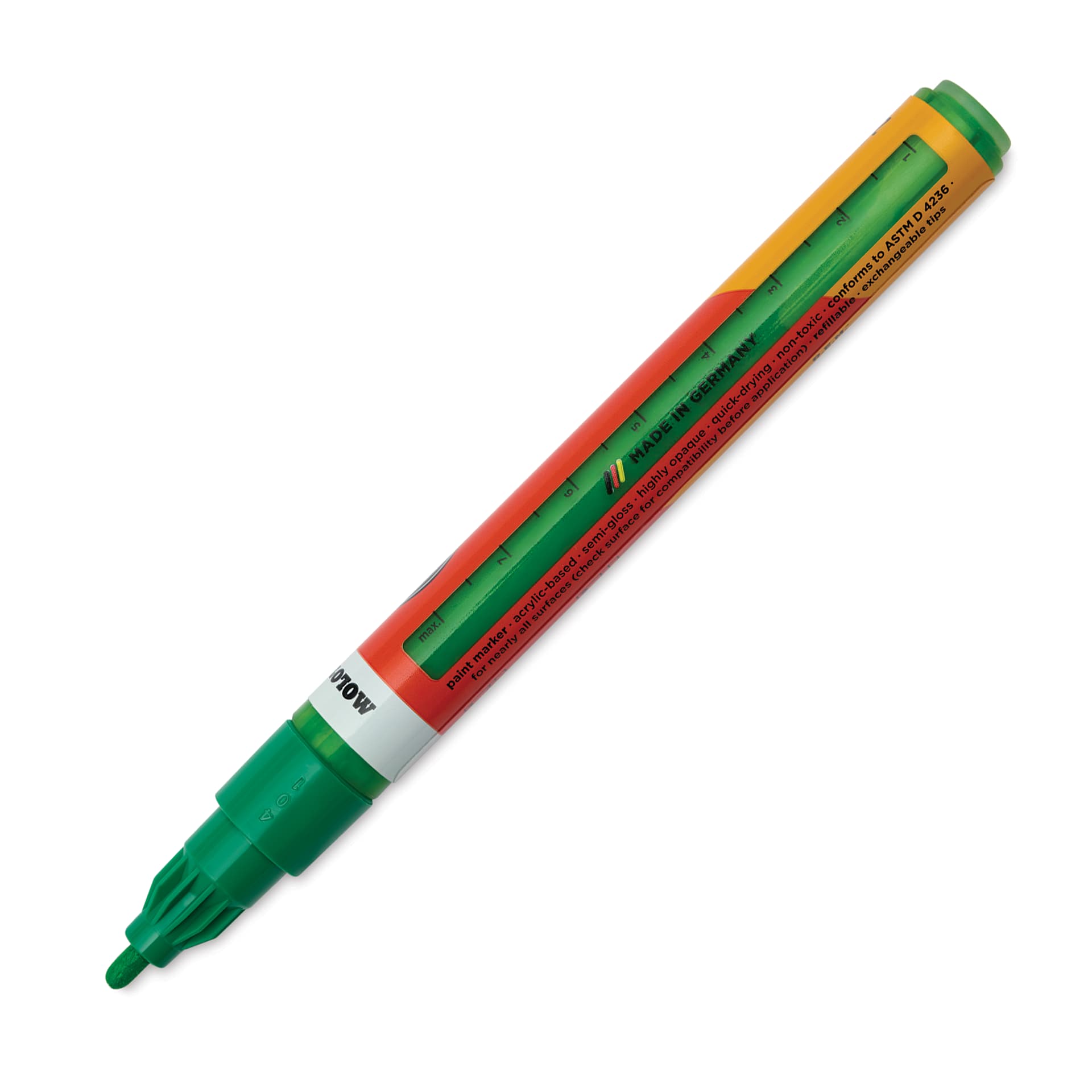 Molotow One4All Acrylic Marker - 2 mm Tip, Clover Green, Bullet Tip, cap off showing ink