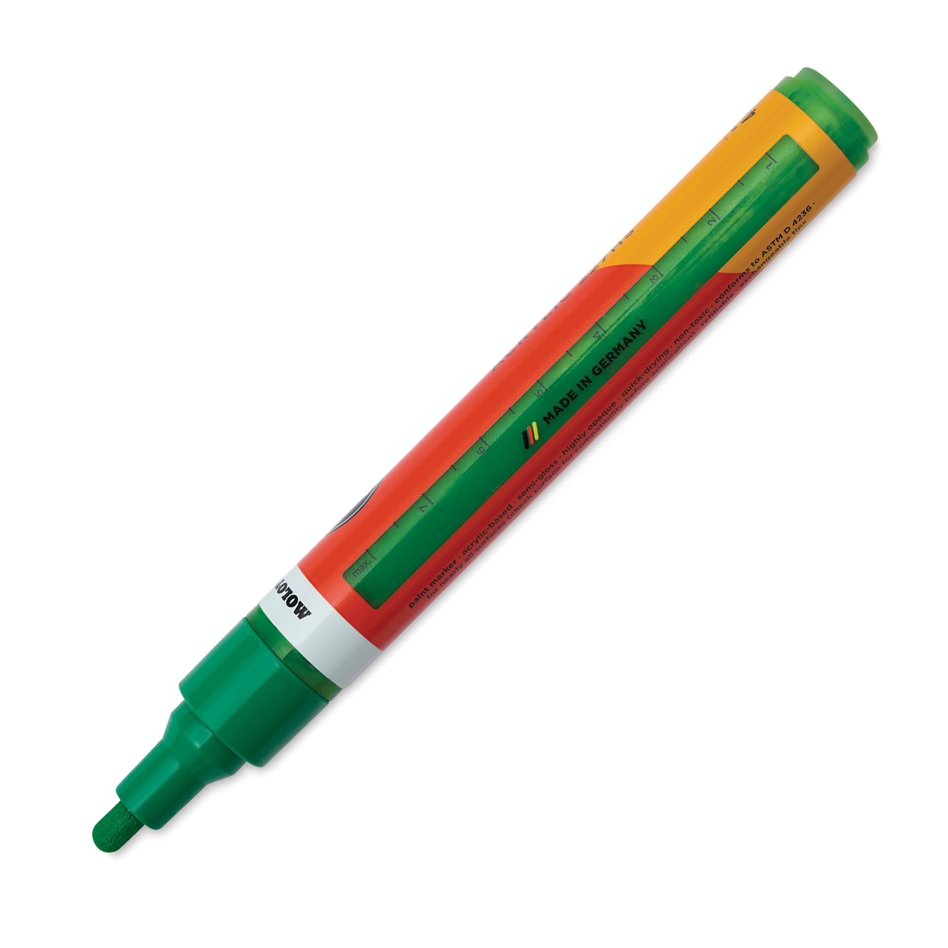 Molotow One4All Acrylic Marker - 4 mm Tip, Clover Green, Bullet Tip, cap off showing ink