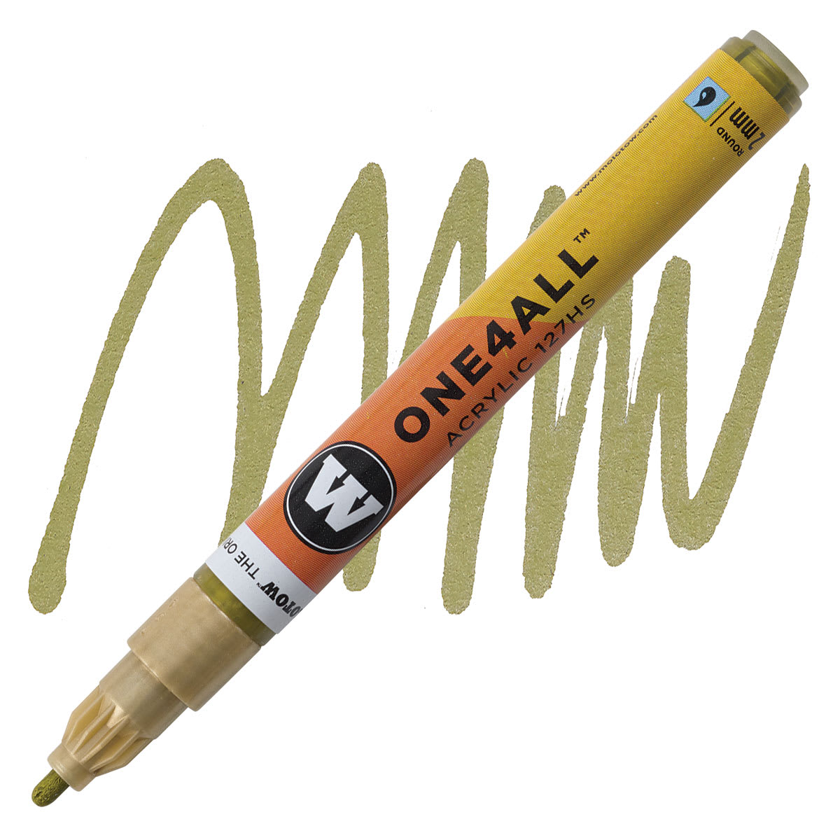 Molotow One4All Acrylic Marker - 2 mm Tip, Metallic Gold, Bullet Tip marker and swatch