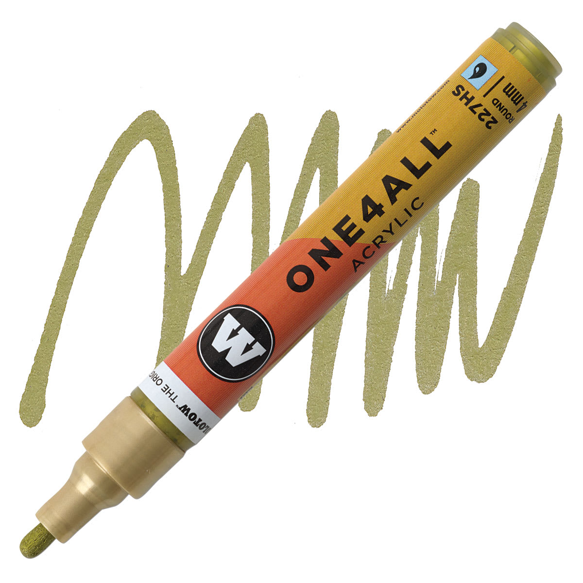 Molotow One4All Acrylic Marker - 4 mm Tip, Metallic Gold, Bullet Tip marker and swatch