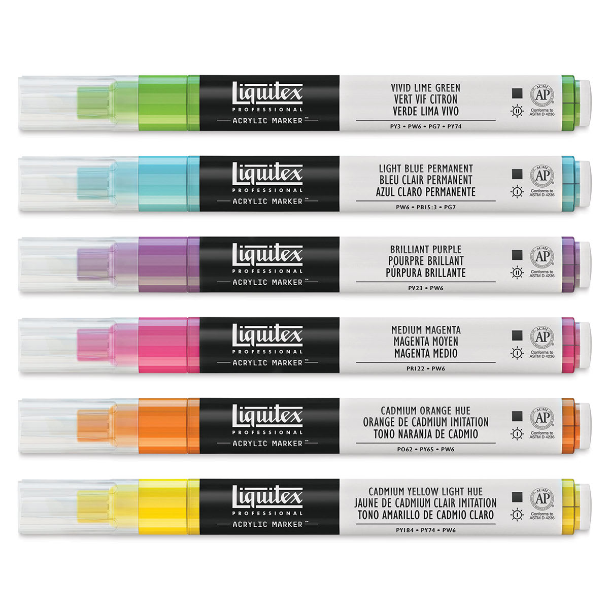 Liquitex Paint Marker - Vibrant Colors, Set of 6, markers laid out