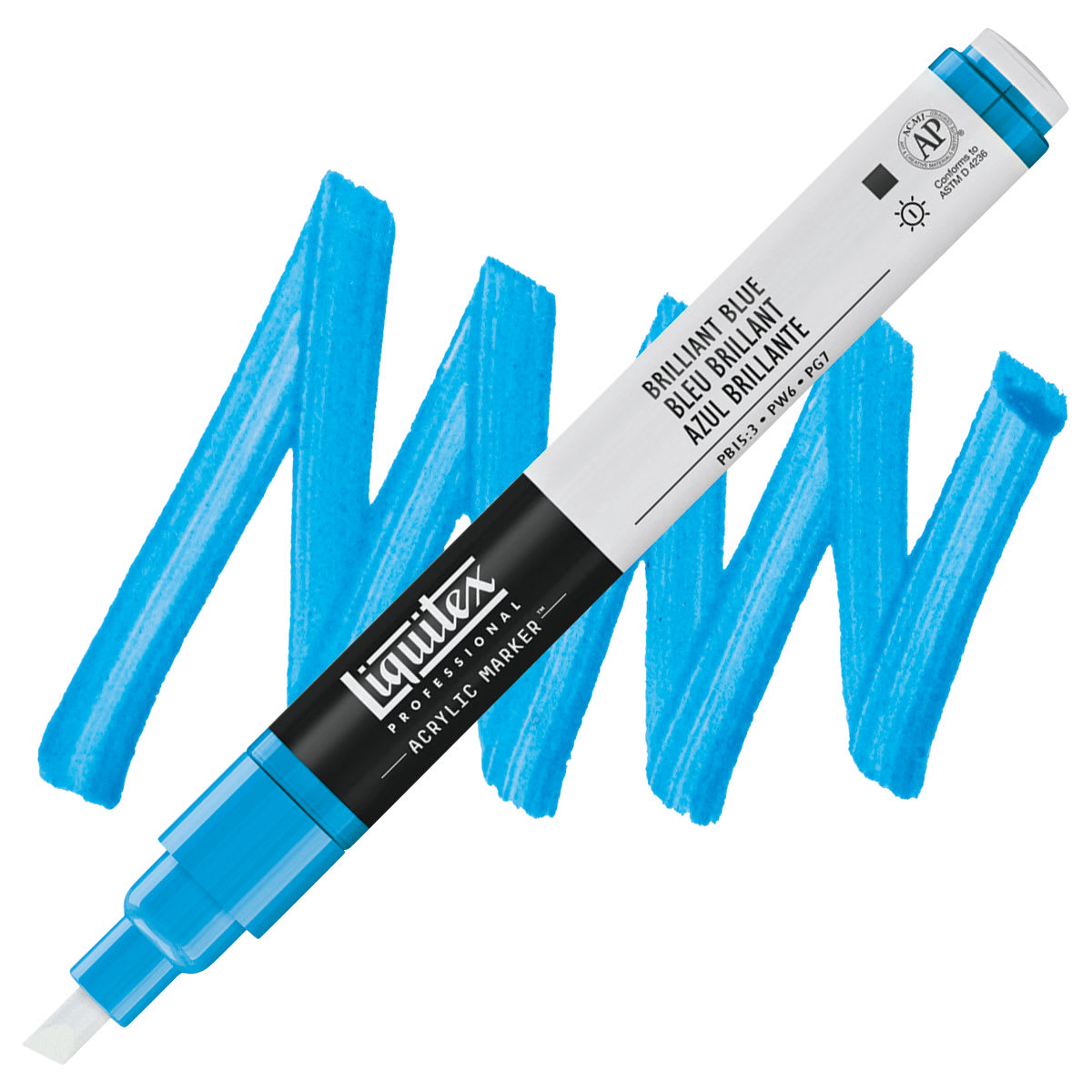 Liquitex Paint Marker - Brilliant Blue, 2mm Tip marker and swatch