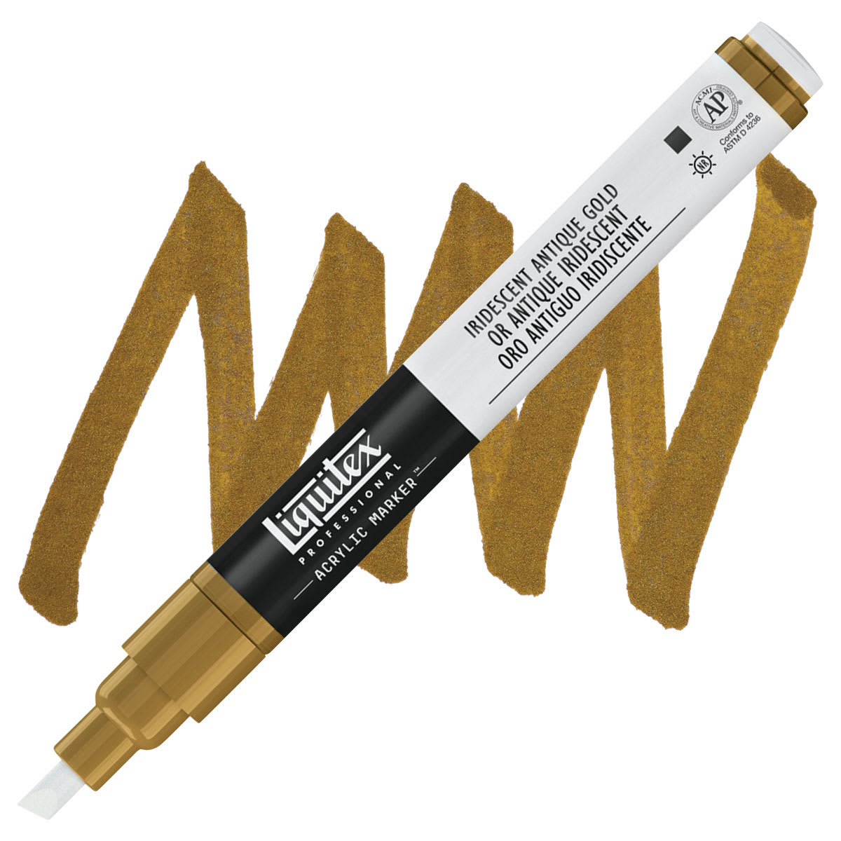 Liquitex Paint Marker - Iridescent Antique Gold, 2mm Tip marker and swatch