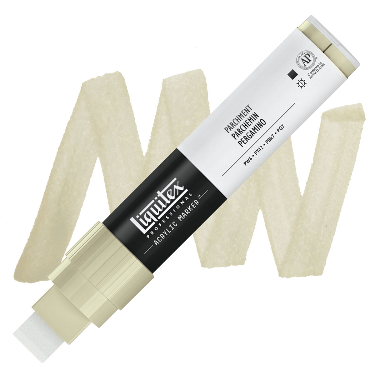 Liquitex Paint Marker - Parchment, 15mm Tip marker and swatch