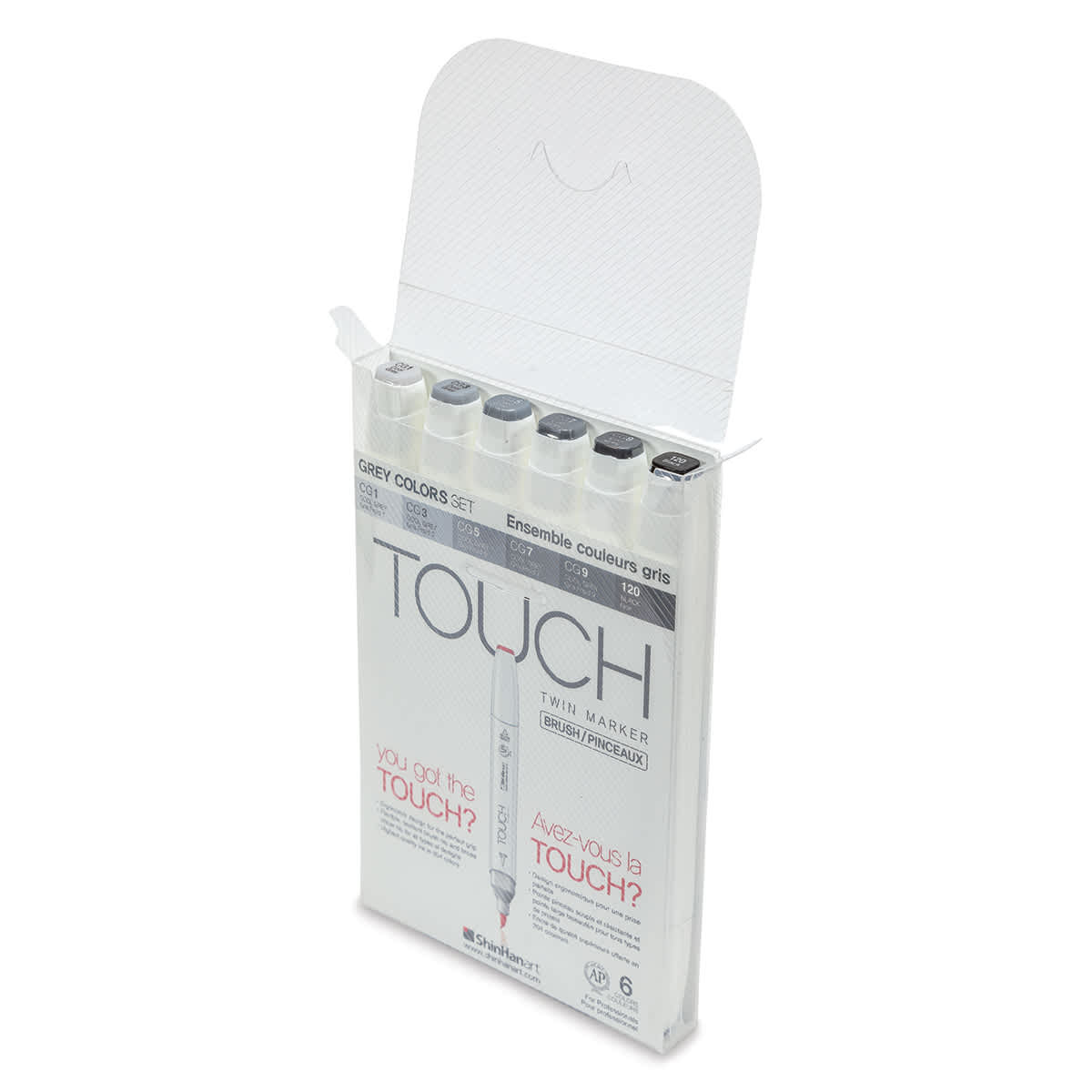 ShinHan Touch Twin Brush Markers - Greys, Set of 6 (open to show markers)