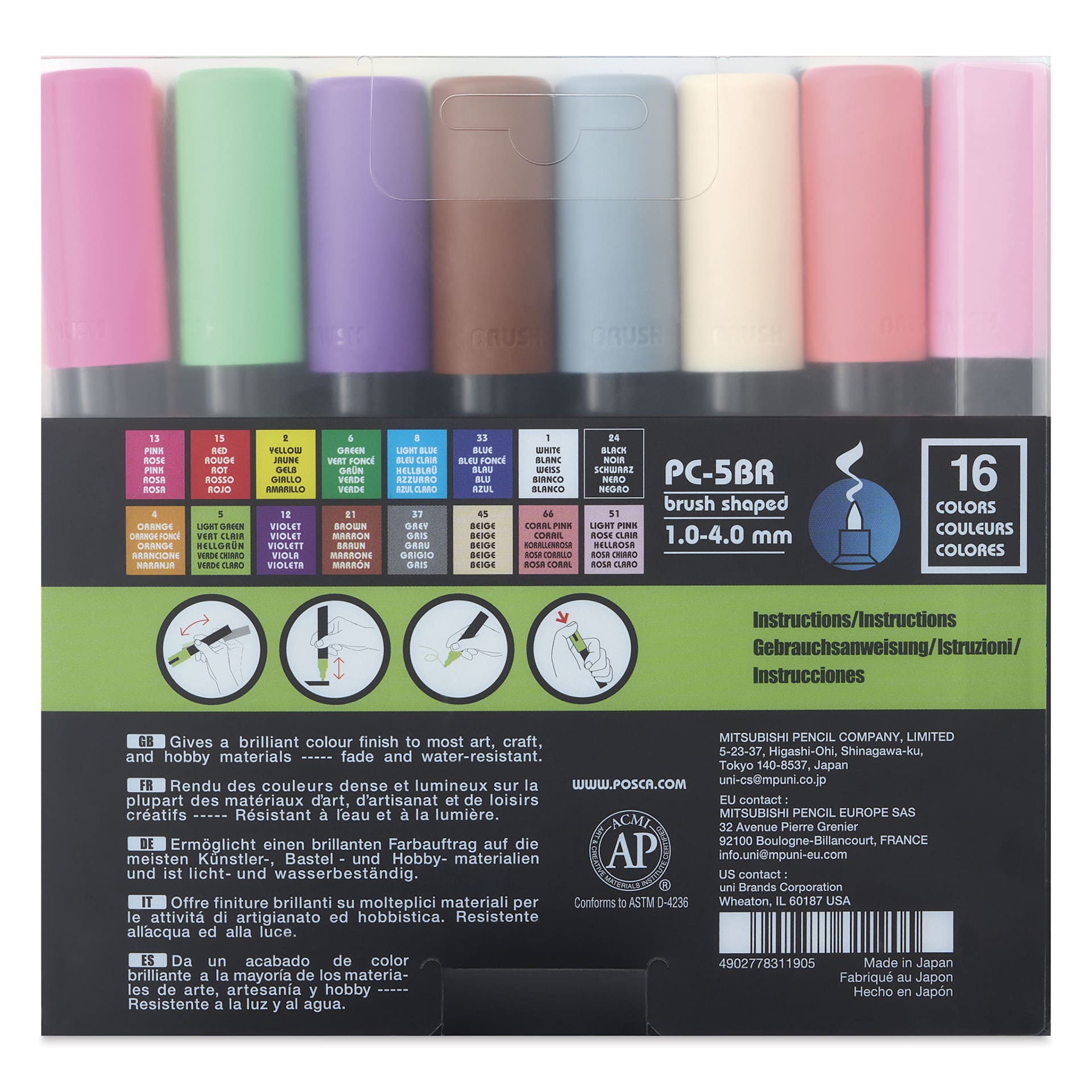 Posca Brush Paint Markers - Set of 16, Assorted Colors, Brush Tip, back of the packaging