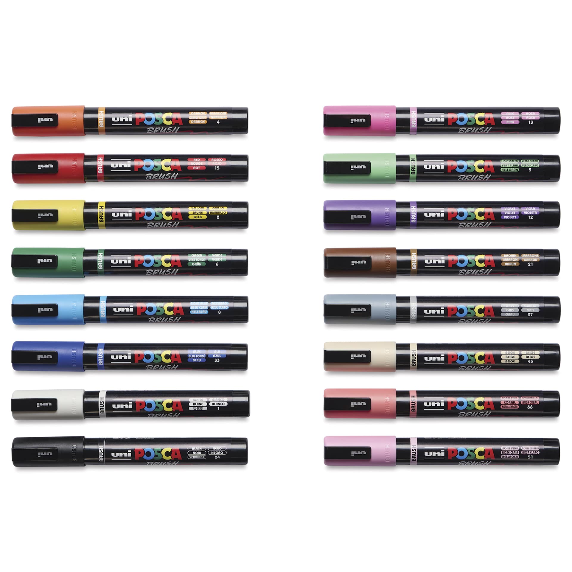Posca Brush Paint Markers - Set of 16, Assorted Colors, Brush Tip, cap on