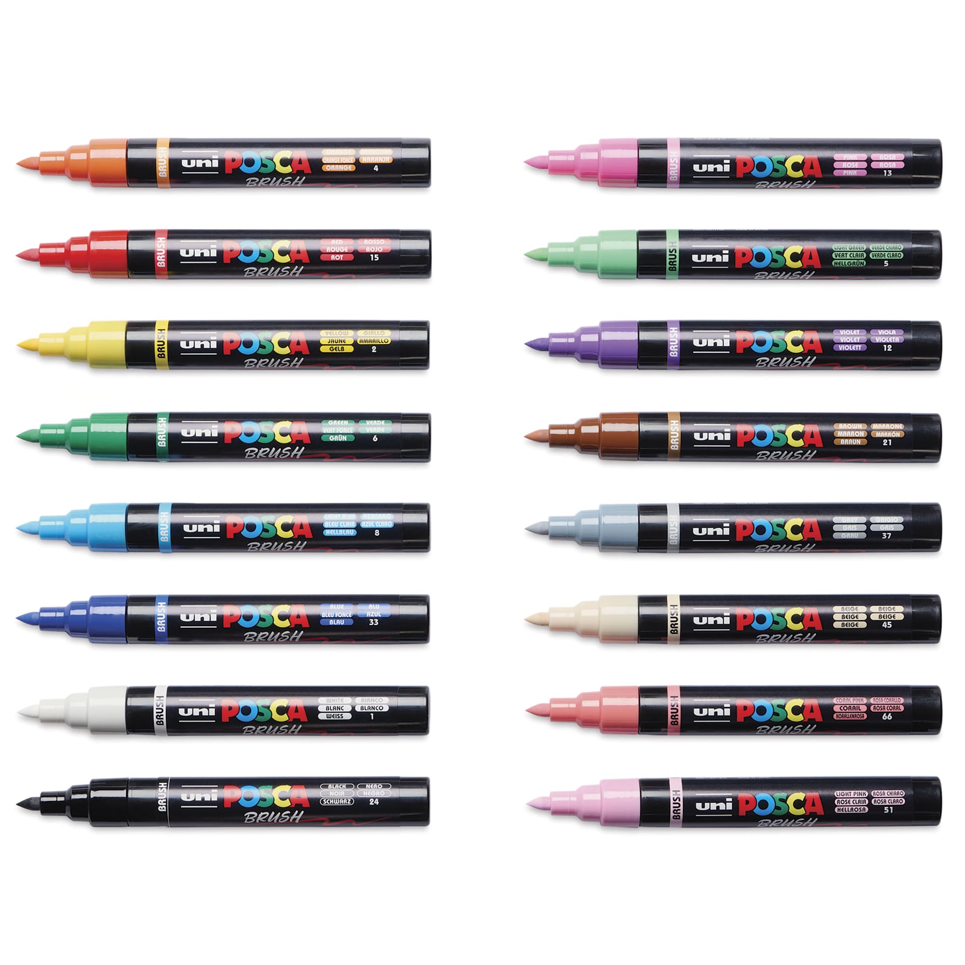 Posca Brush Paint Markers - Set of 16, Assorted Colors, Brush Tip, cap off