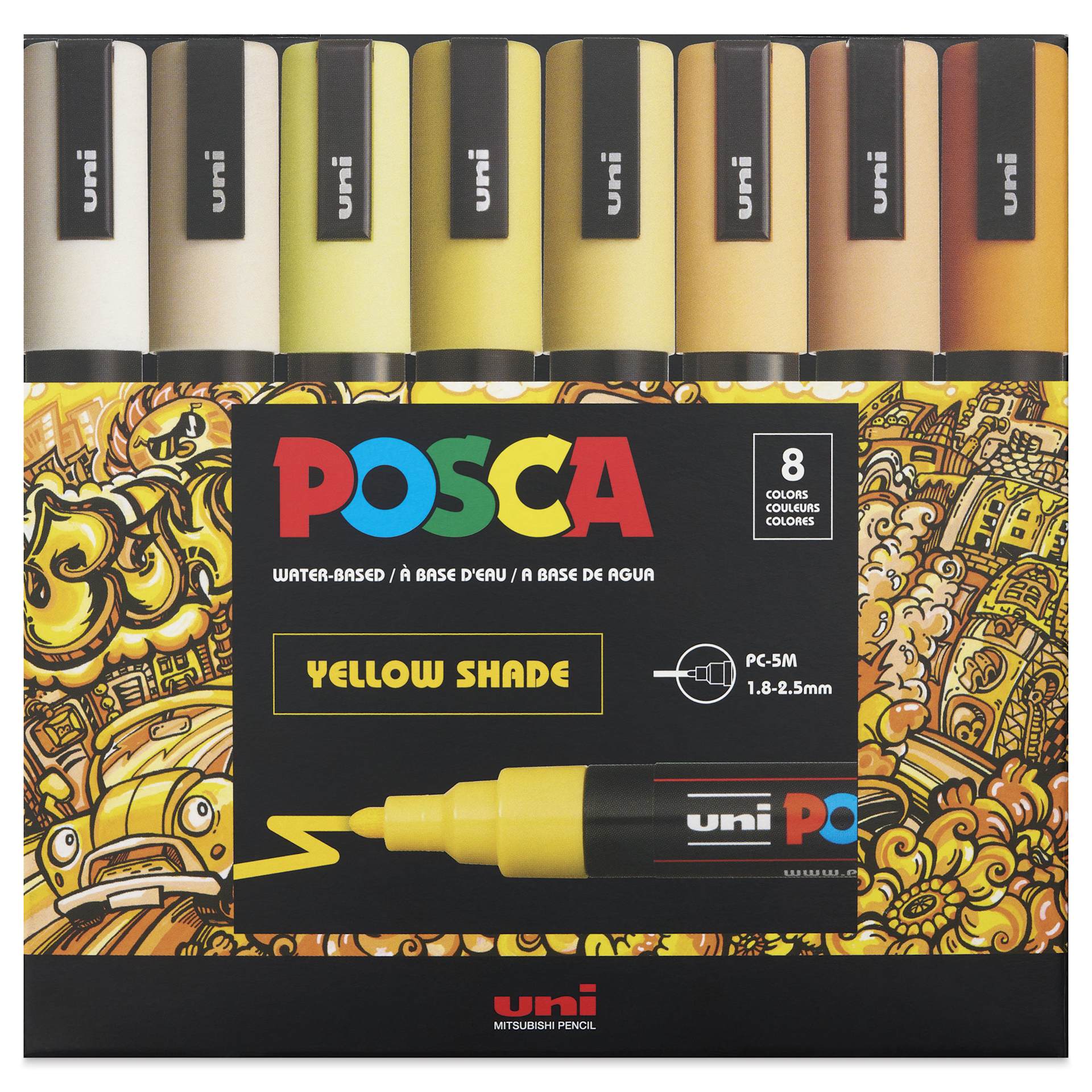 Posca Paint Markers - Set of 8, Yellow Shade Colors, Medium Bullet Tip, front of the packaging
